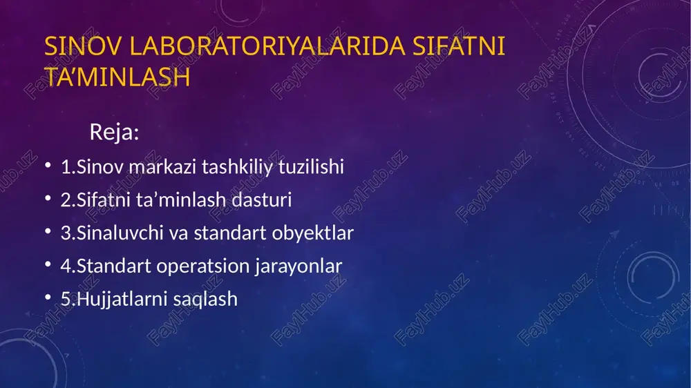 javobgar shaxsni tayinlash; sifatni ta’minlash dasturi sifatni ta’minlash dasturini bajarishga, sinov markazi rahbariyati tomonidan belgilangan, bevosita unga hisobot beruvchi va tadqiqotlar uslublari bilan tanish bo‘lgan vakolatli shaxslar javob beradi. sifatni ta’minlashga javobgar shaxslar, tadqiqotlar o‘tqazish uchun jalb etilmaydilar. sifatni ta’minlash xizmati tadqiqotlarni olib borishda ishtirok etuvchi xodimlardan mustaqil bo‘lishi shart. biroq ushbu xizmat xodimlari tadqiqot o‘tqazish jarayonlari bilan tanish bo‘lishi va sinov markazi rahbariyatiga bevosita hisobot berishlari zarur. nazorat 3 xil bo’ladi. prodaji kv. 1 kv. 2 kv. 3 25 25 25 sinaluvchi va standart obyektlarni qabul qilish, ishlov berish, namunalarni tanlab olish va saqlash har bir sinaluvchi va standart ob’ekt o‘rnatilgan tartibda identifikatsiyaga va umumiy qabul qilingan xalqaro nomga ega bo‘lishi (misol uchun, kodga ega bo‘lmog‘i kerak, cas-nomeri (amerika kimyo jamiyatining kimyoviy adabiyotlar bo‘yicha axborot xizmatining kayd etish raqami), nomi, biologik parametrlari, iupac (xalqaro nazariy va amaliy kimyo birlashmasi nomenklaturasi bo‘yicha nomi), shuningdek ularning partiya (seriya) raqami, tozalik darajasi, …