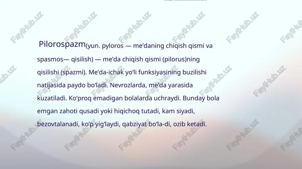 sulfuriti- 0,1%-xxgt. mds. ovqatlanishdan oldin kuniga 3 marta bir choy qoshiqda. pilorostenoz etiologiyasi hozirgi vaqtda ko'pchilik pediatrlar va bolalar jarrohlari pilorostenozni oshqozon bo'yi mushak qatlamining tug ma qalinlashishi. pilorospazmni esa organik stenozsiz oshqozon bo ynining funksional spazmiga asoslangan mustaqil kasallik deb hisoblashadi. bazan ular birgalikda yuzaga kelishi mumkin. oshqozonda to'plangan oziq-ovqat bola tomonidan qusish bilan chiqariladi. klinik manzarasim pilorostenozning asosiy belgilari: qusish, ozib ketish. umumiy holatning keskin yomonlashishi. kasallik ikki-uch haftalik yoshda paydo bo'ladi. deyarli har bir bolani oziqlantirishdan keyin qusish sodir bo'ladi. qusuq katta kuch bilan "favvora" shaklida tashqariga chiqariladi. klinik manzarasi oshqozon shirasining haddan tashqari sckresiyasi va oshqozon tarkibini evakuasiya qilish kechiktirilgani tufayli qusish miqdori ba'zan bolaning bir oziqlantirishda gabul qilgan ovqat miqdoridan oshib ketadi. birinchi kunlardan boshlab vazn tez kamayadi. ich qotishi qayd ctiladi. najas rangi normal yoki to'q yashil rangga ega. pilorostenozning doimiy alomati bo'lib, siydik chiqarish soni va siydik miqdorining kamayishi hisoblanadi. ob'ektiv tekshiruvda oshqozonning …