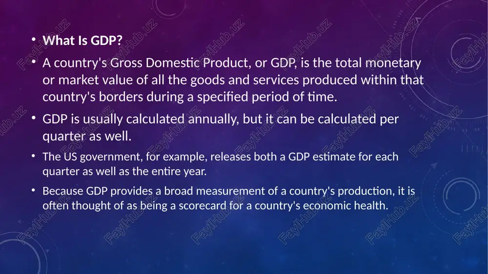 l production increased by 8%, and agricultural production grew by nearly 7%.” this achievement reflects the country’s macroeconomic stability and the effectiveness of its socio-economic policies aimed at improving the standard of living. higher incomes: as gdp grows, so do household incomes. for instance, if last year a farmer harvested 1 ton of tomatoes and sold them at 1,500 uzs per kilogram, the total income would be 1.5 million uzs. if this year, by using modern farming techniques, the same farmer produces 1.5 tons at the same price, the total income increases to 2.25 million uzs. increased tax revenues: a rising gdp leads to higher tax revenues, which enables the government to expand social protection programs for the population. gdp serves as a key indicator of a country's economic performance over a specific period (month, quarter, or year). it encompasses the total market value of goods and services produced by …
