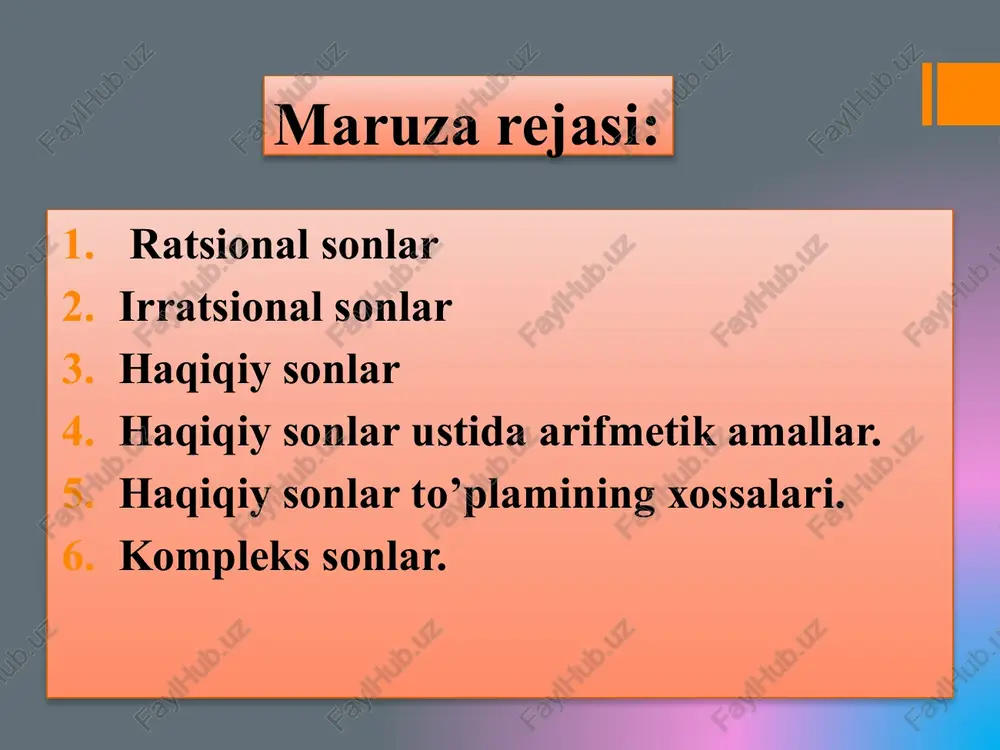 tsional sonlar va irratsional sonlar toʻplamining birlashmasi dan iborat. r = q  i haqiqiy sonlar toʻplami son oʻqi deb ham ataladi haqiqiy sonlar toʻplamining muhim xususiyatlaridan biri uning uzluksizligidir. sonning moduli kompleks sonlar kvadrat tenglama umumiy formulasi: ax2 + bx + c = 0 quyidagi misolni qaraylik: x2 + 2x + 5 = 0 (bu yerda a = 1, b = 2, c = 5) avval discriminant d=b2-4ac hisoblanadi. d=4–20= –16 d 0 bo’lsa, tenglama ikkita yechimga ega: va aslida esa tenglamada haqiqiy sonlar to’lamida ildizga emas. bu tenglamadagi = ni = 4 ko’rinishda ifodalab, kvadrati –1 ga teng bo’ladigan son tushunchasini kiritsak, yuqoridagi tenglama ildizini yozish imkoniyati paydo bo’ladi. 1-ta’rif. kvadrati –1 ga teng ifoda mavhum birlik deb ataladi va u i orqali belgilanadi. shunday qilib, i2= –1 yoki i= 2-ta’rif. z kompleks son deb z=a+bi ko’inishdagi ifodaga aytiladi, bunda a va b haqiqiy sonlar. a va b …