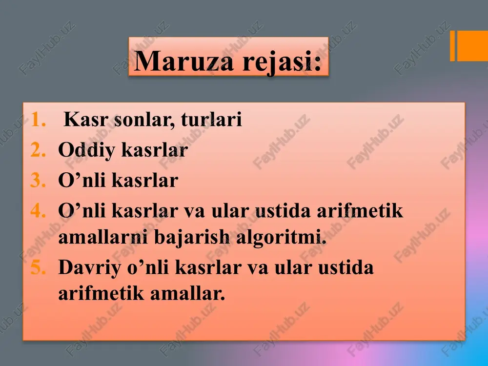 ni qisqartirish deb, uning surat va maxrajini bir xil songa bo‘lib, hadlari kichik bo‘lgan boshqa kasr bilan almashtirishga aytiladi. = = ta‘rif. kasrlar maxrajlarining eng kichik umumiy karralisi shu kasrlarning eng kichik umumiy maxraji deyiladi. va kasrlarning eng kichik umumiy maxraji 36 = 22*32; 24 =23*31 ekuk(36;24)= 23*32 = 8 * 9 = 72 kasrlar ustida arifmetik amallar bajarish qoida. kasrlarni bir-biriga qo‘shish (ayirishda) uchun ular eng kichik umumiy maxrajga keltiriladi, hosil bo‘lgan suratlarini qo‘shib (ayirib), yig‘indini (ayirmani) suratga, umumiy maxrajni esa maxraj qilib yozish, so‘ngra qisqarsa, qisqartirish kerak. + = + = = = 1 qoida. kasrni kasrga ko‘paytirish uchun ularning suratini suratga ko‘paytirib - surat, maxrajini maxrajga ko‘paytirib, maxraj qilib yozish kerak. * = = = qoida. kasrni kasrga bo‘lish uchun bo‘luvchi kasrni (2-kasrni) teskarilash va kasrlarni ko‘paytirish lozim. : = * = ta’rif. maxraji 10; 100; 1000 va hokazo bo‘lgan kasrlar, ya’ni maxraji 1 va undan keyin …
