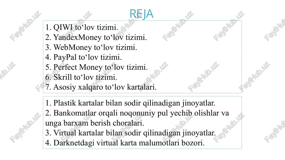 qilmoqda. ushbu elektron pullar "oson» alokabank, universalbank (e-card, “aist”), agrobank (click ept), “uzum bank” (wooppay, interpay, qiwi uzbekistan ept, “payway”, “apelsin”), aloqabank (alif.mobi, 1hlsw, globalpay ept), “paynet wallet” xalq banki lar tomonidan emissiya qilinadi. № t/r elektron pullar tizimi nomi operator nomi emitent nomi elektron pullar chiqarish bo'yicha faoliyati boshlangan sana 1. "oson" "brio group" mchj at “aloqabank” 11.10.2022 y. 2. "e-card" "inspired" mchj atb "universal bank" 21.08.2020 y. 3. "click" "click" mchj "agrobank" atb 21.08.2020 y. 4. “wooppay” “wooppay uz” mchj “uzum bank” aj 10.11.2022 y. 5. “alif.mobi” “alif tech” mchj at “aloqabank” 02.11.2020 y. 6. “interpay” “interpay sys” mchj “uzum bank” aj 11.10.2022 y. 7. “a-pay” “center for digital technology and innovation” mchj “uzum bank” aj 01.07.2022 y. 8. “qiwi uzbekistan” “payment aggregation systems” mchj “uzum bank” aj 11.08.2022 y. 9. “1hlsw” “genesis innovation” mchj at “aloqabank” 17.11.2021 y. 10. “globalpay” “global solutions” mchj at “aloqabank” 17.11.2021 y. …
