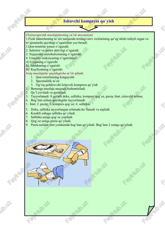 og ’ riq qoldiruvchi isituvchi k o mpr e ss qo ` yish b e m o rg a mu o l a j a m a qs a di tushuntiril a di . qo`l yuvil a di v a quritil a di . t a yyorl a n a di : 8 q a v a tli d o k a , s a lf e tk a , k o mpr e s q o g` o z, p ax t a , bint , isituvchi eritm a . b o g`l a m uchun quyidagilar t a yyorl a n a di : 1. bint ; 2. p ax t a ; 3. k o mpr e s q o g` o z; 4. s a lf e tk a . d o k a , s a lf e tk a t a yyorl a ng …