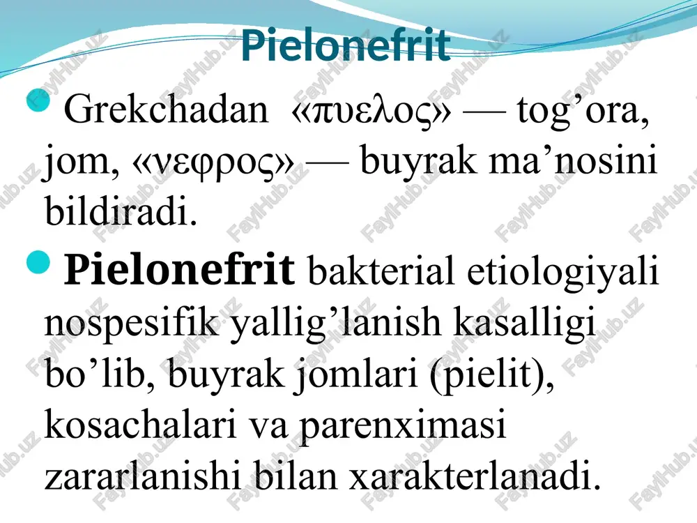 atuvchi almashinishi kuzatilib, mikroorganizmlarning polirezistent shtammlari paydo bo’lishi mumkin, ayniqsa antibiotiklar nazoratsiz qabul qilinganda. bemorda mavjud bo’lgan mikroflora kasalxonaga yotgandan keyin juda tez (2-3 sutkada) bakteriyalarning kasalxona ichi shtammlari bilan almashinadi. kasalxonada rivojlangan pielonefrit, jiddiy prognozi va og’ir kechishi bilan xarakterlanadi. infeksiya o’choqlari karioz tishlar, sur. tonzillit, sur. gaymorit, frontit, otit, furunkulez, mastit, osteomielit, xolesistit, uretrit, sistit, prostatit, adneksit, siydik qopi kateterizasiyasi, sistoskopiya, retrograd pielografiya. pielonefrit quyidagi davrlarda rivojlanadi: 7 yoshgacha bo’lgan bolalarda (pielonefrit uchrashi ehtimoli bolalarning anatomik tuzilishidagi xususiyatlari tufayli oshadi); 18-30 yosh orasidagi yosh ayollarda (pielonefrit jinsiy faoliyatning boshlanishi, homiladorlik va tug’ish bilan bog’liq); keksa erkaklarda (prostata bezi adenomasi tufayli siydik chiqarish yo’llari obstruktsiyasida). sabablari siydik normal oqimiga to’sqinlik qiluvchi har qanday organik yoki funktsional sabablar kasallik rivojlanish ehtimolini oshiradi. pielonefrit ko’pincha siydik-tosh kasalligi bilan og’rigan bemorlarda paydo bo’ladi. pielonefrit rivojlanishiga turtki bo’luvchi salbiy omillarga qandli diabet, immunitet buzilishlari, surunkali yallig’lanishli kasalliklar va tez-tez sovqotish kiradi. ba’zi hollarda …