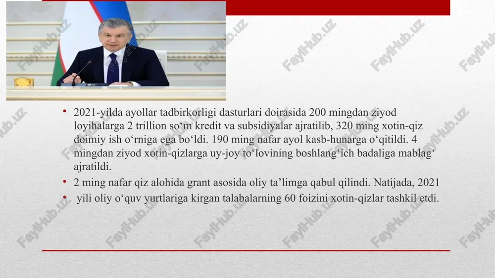 universitetning texnikumlari ham ochiladi. yangi o‘quv yilidan boshlab, ta’lim kontraktlarini to‘lash uchun qizlarga ilk marotaba 7 yil muddatga foizsiz kredit berish joriy qilinadi. buning uchun, joriy yilda banklarga 1 trillion 800 milliard so‘m, kelgusi besh yilda 8 trillion so‘m mablag‘ ajratiladi. yana bir yangilik: kelgusi o‘quv yilidan boshlab, magistraturada o‘qiyotgan qizlarning kontrakt pullari to‘liq byudjetdan qoplab beriladi. shuningdek, ehtiyojmand oila vakillari, ota yoki onasini yo‘qotgan talaba qizlarning ta’lim kontrakti mahalliy byudjetdan to‘lanadi. jamiyatimizda olima ayollar ulushini sezilarli oshirish uchun doktorantura yo‘nalishida xotin-qizlar uchun har yili kamida 300 tadan maqsadli kvota ajratiladi. 2022-2024-yillar uchun “biznes ayollar” dasturi qabul qilinishi belgilandi. uning ijrosiga jami 8 trillion so‘m yo‘naltiriladi. ayollar uchun tadbirkorlik kurslari tashkil etiladi, imtiyozli kreditlar beriladi. bugungi kunda tazyiq va zo‘ravonlik uchragan ayollar 30 kun muddatga alohida himoyaga olinadi. lekin, undan keyingi tizim bo‘shliq bo‘lib qolgan. shu bois, endi ayollarning tazyiq va zo‘ravonlikdan himoyasi sud tomonidan ta’minlanishi, alohida himoyaga olish bir …