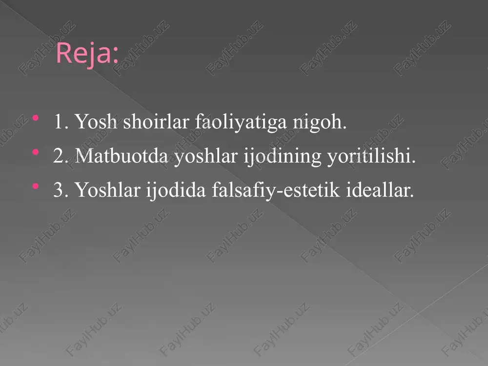 op etgan asosiy nashriyotlar: “yangi asr avlodi” “sharq” “navoiy kutubxonasi” “gʻafur gʻulom” “akademnashr” “meriyus” “adib” “noshir”… ba’zi adabiyotlar: yoshlar ijodida uchraydigan aksariyat nuqsonlar - taqlid - savodsizlik - adabiy savodsizlik - mavzularning siyqaligi - esda qolarli soʻz, obraz, ifodaning yoʻqligi - gʻoʻrlik, dumbillik - tayinsizlik oʻlim va tushkunlikni ideallashtirish quruq didaktiaga berilish. yosh shoir akmal toshning ushbu she’rini tahlil qilaylik: birinchi bandni tahlil qilaylik. foniy dunyo va uni uygʻotmoqcho boʻlgan shamol portreti. u uygʻotuvchi boʻlib gavdalanadi. ikkinchi bandda shamol harakati kuchayib boradi, ta’siri kengayib boradi. bu bandda qoʻzgʻatuvchi. uchinchi bandda shamol oshiq. oxirgi bandda oshiq shamol kulayotgan iztirobga aylanadi. u kulgi ortiga berkinadi. bugun iste'dodli yoshlar koʻzni quvontiradi. ular madaniyatimizda betakror, oʻziga xos dadil hamda teran fikrlash salohiyatiga ega shijoatli avlod shakllanayotganidan dalolat beradi. yoshlar qalbidan jo’shib toshayotgan she'riyat milliy mustaqilligimizning badiiy solnomasini boyitib boradi. bu iste'dodlar ona yurt haroratini, mehru muhabbatini singdirgan ko’plab asarlar yaratishiga umidingiz ortadi. 10-ma’ruza (1-dars) …