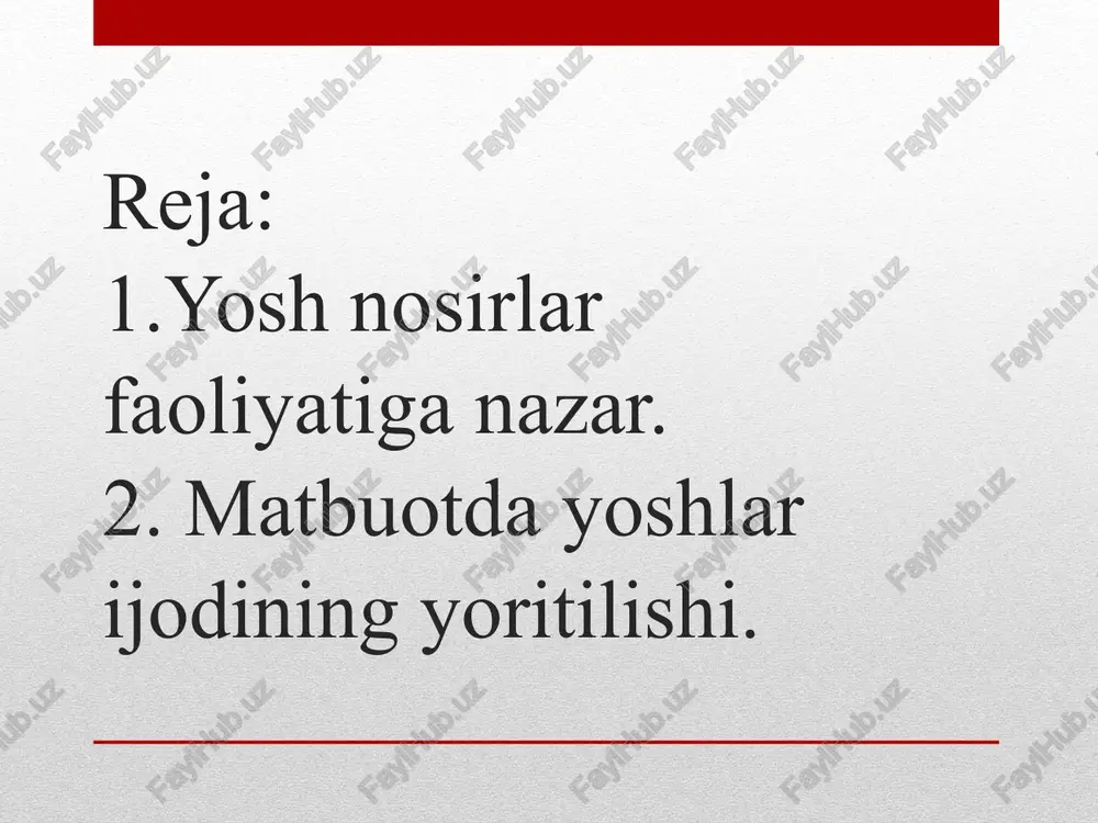 savodsizlik - adabiy savodsizlik - mavzularning siyqaligi - esda qolarli soʻz, obraz, ifodaning yoʻqligi - gʻoʻrlik, dumbillik - tayinsizlik - koʻr-koʻrona taqlid - atay jumlalarni burash - voqealar zanjiridagi uzilishlar. ob'ekt real voqelik emas, ijodkorning tasavvuridagi voqelik ham boʻlishi mumkin. zotan, so’nggi davr tanqidchiligiga xos xususiyatlarga aylanib borayotgan bunday qarashlar adabiy tanqidning talqin koʻlami, baholash doirasi kengayib borayotganini koʻrsatadi. zero, muayyan badiiy asarlar hamda ulardagi badiiy-estetik, ijtimoiy-g‘oyaviy konsepsiyalar zamirida belgilovchi falsafiy ta'limot yotibdi. adabiyot ilmi oldidagi dolzarb vazifalardan biri ham mavjud turli-tuman qarashlarning eng xarakterlilarini sintezlashtirib, badiiyatning umumiy qonuniyatlari va estetik tamoyillarini belgilash va shu asosda adabiy tanqid metodologiyasining hurfikr(plyuralistik)likka asoslangan konsepsiyalarini yaratishdan iboratdir. 10-ma’ruza (2-dars) mavzusi uchun mashgʻulot: yosh ijodkorlar va ularning adabiy jarayondagi o‘rni 1-mashgʻulot. ma’ruza matni va koʻrsatilgan, shuningdek, mavzuga aloqador qoʻshimcha adabiyotlardan foydalanib savollarga javob yozing. 1.yosh ijodkorlarga yozuvchilar uyushmasi tomonidan qanday ko’mak beriladi? 2.qaysi yosh nosirlar ijodi bilan yaqindan tanishsiz? 3. ijodkor nosirlar yana qanday …