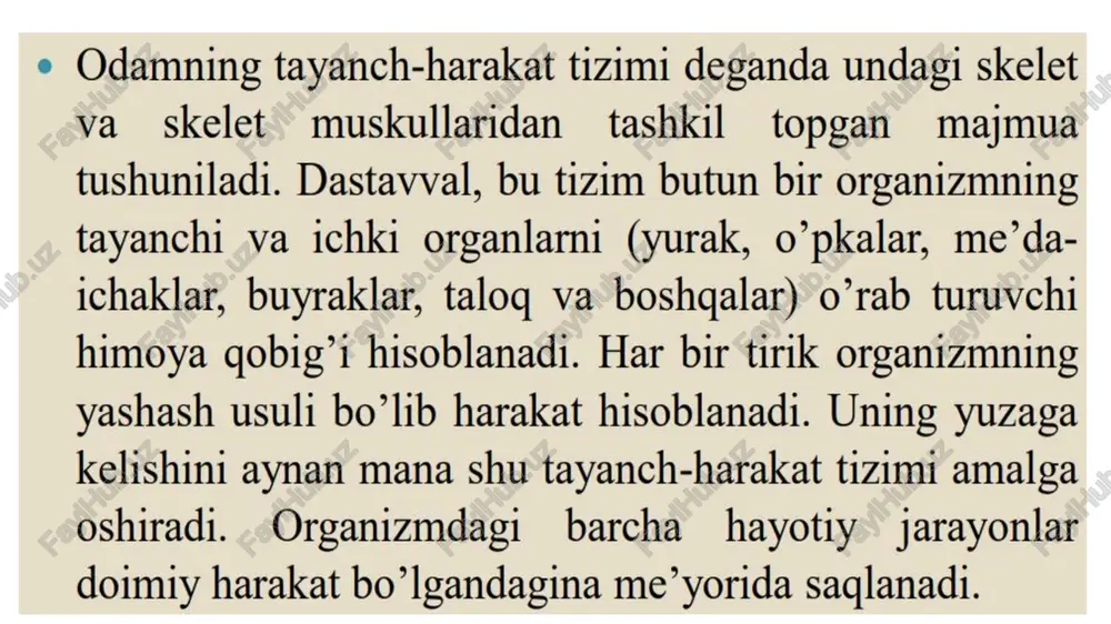 tan ko'p bo'ladi, shuning uchun ham ularga davomli va og'ir jismoniy yuklamalar berilishi suyaklarning shaklini o'zgartirib, skeletning noto'g'ri o'sishiga olib kelishi mumkin. qon ishlab chikarish lokomotor almashinuvi agar harakat cheklansa o’sish va rivojlanish ham sekinlanadi. masalan, bir paytda tug’ilgan hayvon (it) bolalaridan bir-ikkitasini erkin harakat qilish imkoniyatidan mahrum etilsa, ularning tana massasi bir oy ichida boshqa hayvonlarnikiga nisbatan uch marotaba kamayib ketishi tajribada aniqlangan.shunday ekan, tayanch-harakat tizimining yosh bilan bog’liq asosiy xusustyatlarini va unga go’yiladigan gigiyenik talablarni o’rganish dastavval me’yoriy o’sish va rivojlanishni ta’minlash uchun juda muhimdir. o’sayotgan organizm uchun mehnat va jismoniy tarbiya mashg’ulotlarini hamda kun tartibini maqsadga muvofiq ravishda tashkil qilish zaruriy holatdir. oilada va _ ta’lim-tarbiya muassasalarida qo’yilgan gigienik talablarga rioya etmaslik, avvalo yosh organizmning jismoniy rivojlanishiga, qolaversa, ruhiy jihatdan shakllanishiga salbiy ta’sir ko’rsatishi mumkin. qizil suyak ko'migi cyctabholt xpau, hagkocthhya kominakthoe beuectbo ty6yatoe bewectbo kocthomosrosaa nonoctb metasnudvsaphpi xpaul, ——rreeeeeee <> diyafiz distal epifiz syyakning yoshga qarab …