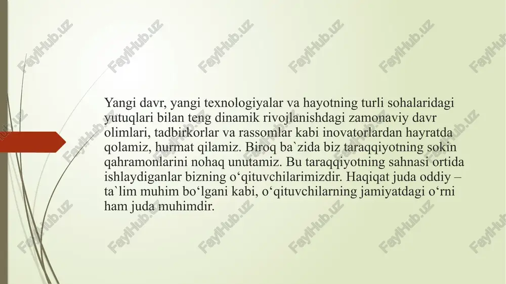 m mavjud. boshqacha qilib aytganda, o‘qituvchi nafaqat o‘rgatadi, balki tarbiyalaydi. statistik ma`lumotlar shundan darak beradiki, ustoz-shogird munosabati o‘rtasida o‘tkazilgan so‘rovnomada qatnashgan respondentlarning 98 foizi o‘qituvchi talabaning hayotini o‘zgartirishi mumkinligiga ishonishlarini qayd qilishdi. shunday ekan har bir o‘qituvchi o‘z vazifasini ma`suliyat bilan bajarishi kerak. ko‘pgina kasblar shunchaki kasblardir va ular aslida kasbidan mamnun bo‘lishiga qaramay, hayotda inson shunchaki kasbni o‘zgartirmoqchi bo‘lgan fursat keladi. tabiiyki, bu jarayon o‘qituvchilar bilan bu boshqacha. ular uchun o‘qitish kasb emas, balki sharaf. shu bois o‘qituvchi kasbida qanday mashaqqat bo‘lishiga qaramasdan o‘z sohasiga sodiq qoladi. oddiy qilib aytganda, bunday o‘qituvchilar o‘zlarining yagona kasblari o‘qitish ekanligini his qilishadi va hatto noqulay sharoitlarda ham o‘zlarining shogirtlariga bag‘ishlashadi. demak yaqxshi o‘qituvchi aslida o‘z kasbini hayot mazmuni deb biladi. xitoy mutafakkiri konfutsiy aytganidek, “hayotda shunday insonlar bo‘ladiki, ular sohasini sevgani bois unda ishlamaydi, balki yashaydilar”. ilmiy salohiyati yuksak, bilim va mahorati e`tirofga loyiq ustozlar aynan shu toifaga kiradi. ular yoshlarga nafaqat …