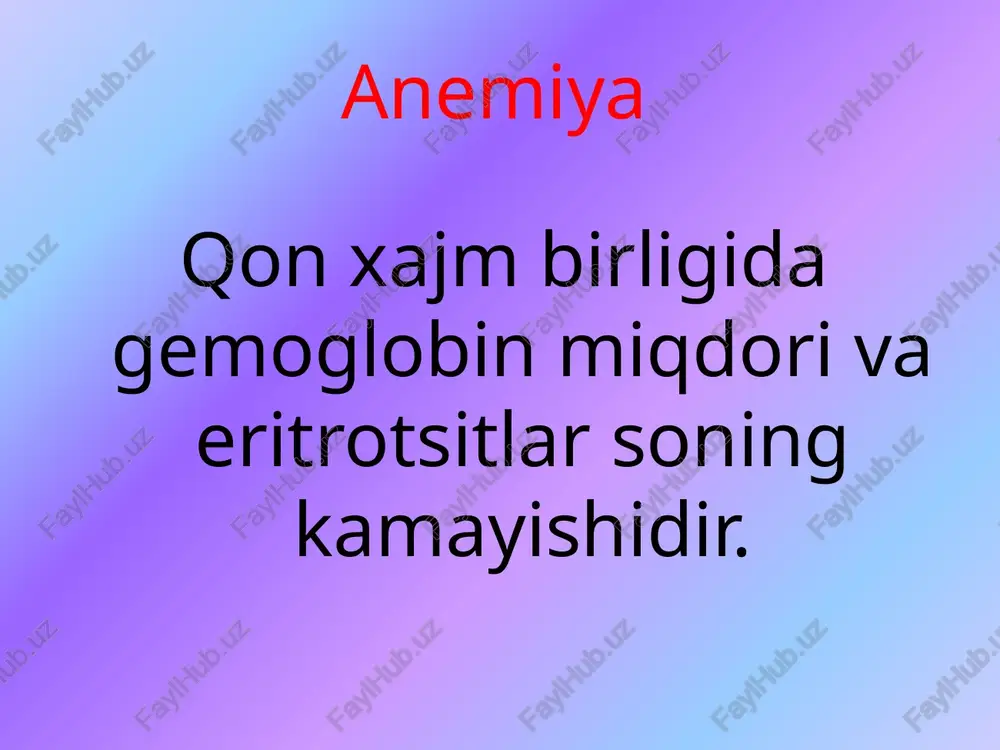 adi 1 litr kondagi mikdori 4-6 x 1012 urtacha yashash davri: 120 dney. eritrotsitlar organizmdagi umumiy temir miqdori: zaxiradagi temir transportdagi temir eritron temir mikdori yashirin temir tanqisligi: zaxiradagi temirning kamayishi temir zaxirasi kamaygan zardobning umumiy temirni boglash xususiyati oshgan transferinga tuyinish koeffitsenti pasaygan gemoglobin kursatgichi normada temir tanqislik xolati tashiluvchi temir kamayishi jelezo snijeno temir zaxirasi kamaygan zardobning umumiy temirni boglash xususiyati oshgan transferinga tuyinish koeffitsenti pasaygan zardobdagi temir mikdori kamaygan gemoglobin kursatgichi normada temir tanqislik anemiyasi: mikrotsitar, gipoxrom anemiya temir zaxirasi kamaygan zardobning umumiy temirni boglash xususiyati oshgan transferinga tuyinish koeffitsenti pasaygan zardobdagi temir mikdori kamaygan gemoglobin kursatgichi pasaygan temir tanqislik anemiyasi: qon xajm birligida eritrotsitlar mikdorining kamayishi eritrotsitlar xajmining kichrayishi gemoglobin kontsentatsiyasining kamayishi tuqimada temir miqdori va gemoglobinning pasayishi tta moyil bulgan xavfli gurux: bolalar (ayniksa kamkon onadan tugilganlar) usmir yoshlar, jumladan kizlar fertil yoshdagi ayolllar xomilador va bola emizuvchi ayollar ayollarda temir tanqislik anemiya sabablari: xayz …
