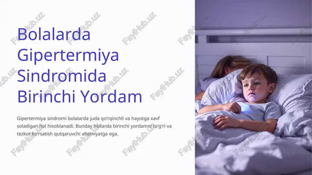 oqish. suyuqliklar bilan ta'minlash suyuqlik berishning ahamiyati tana suyuqliklari yo'qolishi oqibatida organizm qurishini oldini olish muhim. tavsiya etiladigan suyuqliklar choy, soda suvi yoki izotonik ichimliklarni berib turish kerak. suyuqlik berish usullari bolani sekin-asta, qo'pol bo'lmasdan, suyuqlik ichishga chorlash. tibbiy yordam chaqirish 1 chaqirish tibbiy yordamni tezkor chaqirish shart. 2 bildirishnoma bemorning holati va simptomlari haqida operator xabar berish. 3 kutish tibbiy yordam kelgunicha bolaning holatini kuzatib turish. gipertermiya sindromida kuzatilishi mumkin bo'lgan asosiy muammolar qon aylanishining buzilishi qon aylanishi sekinlashadi, qon bosimi oshadi nafas olishning buzilishi nafas olish tezlashadi, uning chuqurligi va sifati o'zgaradi muskullarning buzilishi muskullar qattiq tortishib, to'xtab qolishi mumkin asab tizimidagi muammolar bosh aylanishi, qusish, eskirish va xushdan ketish kuzatiladi xulosalar va o'z-o'zini nazorat qilish birinchi yordamning ahamiyati bolalarda gipertermiya sindromida birinchi yordamning o'z vaqtida ko'rsatilishi juda muhim. asosiy chora-tadbirlar tana haroratini pasaytirish, suyuqlik bilan ta'minlash va tibbiy yordam chaqirish. profilaktika issiq havo, ortiqcha jismoniy yuklamalar va …