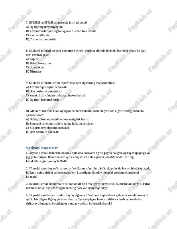 bo‘ladi? 2. 47 yoshli ayolning og‘ir jismoniy faollikdan so‘ng chap ko‘krak qafasida bosuvchi og‘riq paydo bo‘lgan, nafas qisishi va bosh aylanishi kuzatilgan. qanday birinchi yordam choralarini ko‘rasiz? 3. 55 yoshli erkak bemorda to‘satdan o‘tkir ko‘krak og‘rig‘i paydo bo‘lib, hushidan ketgan. yurak urishi va nafas olish to‘xtagan. sizning harakatlaringiz qanday? 4. 58 yoshli ayol bemor ishdan qaytayotganda to‘satdan chap ko‘krak qafasida kuchli bosuvchi og‘riq his qilgan. og‘riq yelka va chap qo‘lga tarqalgan, bemor zaiflik va bosh aylanishidan shikoyat qilmoqda. atrofdagilar qanday yordam ko‘rsatishi kerak? 5. 50 yoshli erkak bemor o‘tkir stressdan so‘ng yurak sohasida og‘riqni sezgan. bemorning rangi oqarib ketgan, nafas olish tezlashgan, va u o‘zini juda xavotirda his qilmoqda. sizning birinchi yordam choralaringiz qanday bo‘ladi? javoblari 1. b 2. b 3. a 4. b 5. b 6. a 7. b 8. a 9. a 10. b vaziyatli masala javoblari 1. bemorni yotqizib qo‘ying, aspirin va nitrat bering, tez yordam chaqiring. …