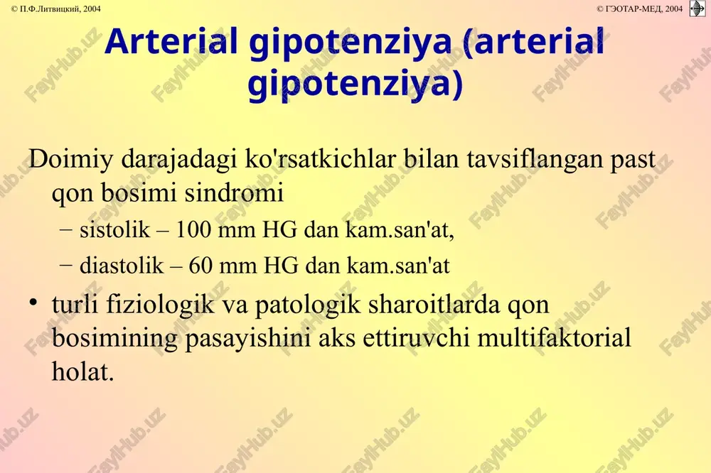 sportchilarda, ob-havo yoki iqlim sharoitining keskin o'zgarishiga moslashish © p.f.litvitskiy, 2004 © geotar-med, 2004 arterial gipotenziyaning sabablari bir vaqtning o'zida katta qon yo'qotish, suvsizlanish, shikastlanish, zaharlanish, anafilaktik shok, yurakning keskin buzilishi natijasida o'tkir arterial gipotenziya; qisqa vaqt ichida rivojlanadi (bir necha daqiqadan soatgacha) va ichki organlarga qon ta'minoti buzilishiga olib keladi. surunkali arterial gipotenziya uzoq davom etadi, qon aylanishining buzilishi belgilari yo'q. © p.f.litvitskiy, 2004 © geotar-med, 2004 turlari arterial gipotenziyalar neyrogen metabolik (organoishemik) endokrin refleks sentrogen “ tiroid" “buyrak usti bezlari" “ gipofiz" © p.f.litvitskiy, 2004 © geotar-med, 2004 arterial gipotenziyaning rivojlanish mexanizmi yurakning daqiqali va zarba chiqishini kamaytirish; bccni qisqartirish; periferik qon tomir qarshiligining pasayishi; yurakka venoz qon oqimining pasayishi © p.f.litvitskiy, 2004 © geotar-med, 2004 neyronlarning faollashishi * gipotalamusning parasempatik yadrolari * parasempatik asab tizimining boshqa stukturalari nevroz arterial giphaqidatensiya yurak-qon tomir tizimiga parasempatik ta'sirlarning kuchayishi kontraktillikning pasayishi miyokard funktsiyalari umumiy pasayish qon tomir qarshiligi kattalikning pasayishi …
