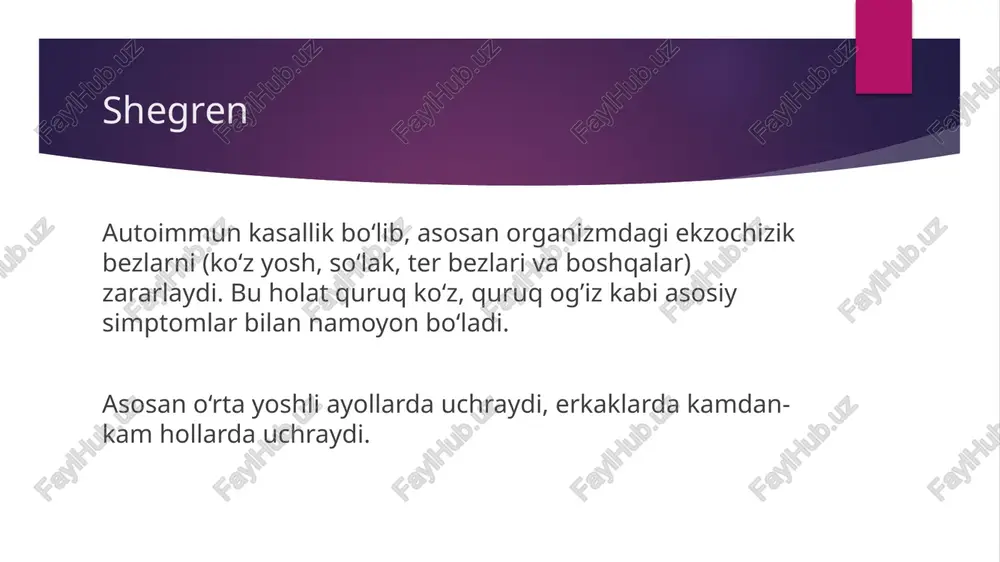 mlar (ekstra-glandulyar simptomlar) diagnostikasi laborator tekshiruvlar: autoantitanalar (ssa/ro, ssb/la) qon testlari: umumiy qon tahlili, yallig‘lanish markerlari (esr, crp) instrumental tekshiruvlar: shirmer testi (ko‘z yosh ajralishini baholash) sialografiya (so‘lak bezlarining rentgeni) biopsiya (so‘lak bezlarining namunasini olish) simptomatik davo ko‘z qurishini davolash: sun’iy ko‘z yoshi tomchilari: hipromelloza (artificial tears) – kuniga 4-6 marta har bir ko‘zga 1-2 tomchi. og‘ir hollarda: siklosporin a (restasis) – kuniga 2 marta har bir ko‘zga 1 tomchi. og‘iz qurishini davolash: pilokarpin (salagen) 5 mg, kuniga 3-4 marta (maksimal doza: 30 mg/kun). cevimeline (evoxac) 30 mg, kuniga 3 marta. yallig‘lanishga qarshi dorilar: nosteroid yallig‘lanishga qarshi dorilar (nyaqd): ibuprofen 200–400 mg, kuniga 3-4 marta. naproksen 250–500 mg, kuniga 2 marta. 3. immunosupressiv dorilar: og‘ir holatlarda yoki revmatik kasalliklar bilan bog‘liq hollarda: metotreksat 10–25 mg, haftasiga 1 marta (foliy kislotasi bilan birga). azatioprin 50–100 mg/kun. siklofosfamid 1–2 mg/kg/kun yoki puls-terapiya shaklida (1000 mg har oy) 4. biologik terapiya (og‘ir autoimmun …