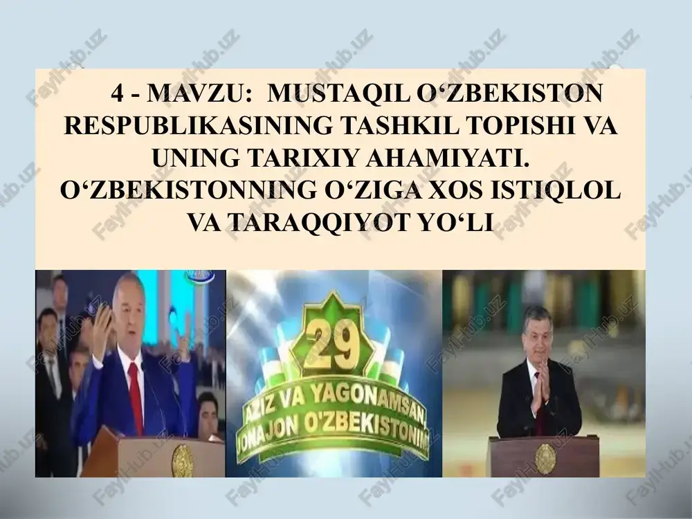 ‘g‘ridan-to‘g‘ri, umumiy va muqobil asosdagi saylovda prezidentlikka nomzod islom karimov uchun 8 million 514 ming 136 kishi yoki ovoz berishda qatnashganlarning 86 foizi ovoz berdi. “o‘zbekiston respublikasi prezidenti saylovi to‘g‘risida”gi qonunning 35-moddasiga asosan islom karimov 1991-yil 29-dekabrdan o‘zbekiston respublikasining prezidenti lavozimiga saylangan, deb hisoblandi. mustaqillik yillarida prezidentlik instituti to‘la shakllandi. prezidentlik institutining shakllanish bosqichlari: 1990-yil 24-mart prezident lavozimi ta’sis etildi 1991-yil 18-noyabr “o’z. respublikasi prezidenti saylovi to’g’risida”gi qonun qabul qilindi 1991-yil 29-dekabr mustaqil o’zbekistoning respublikasining birinchi prezidenti saylandi 1995-yil 26-mart prezident vakolatlarini 2000-yilgacha uzaytirish bo’yicha referendum o’tkazildi 2000-yil 9-yanvar prezident saylovida islom karimov 91.9% ovoz olib qayta saylandi 2002-yil 27-yanvar o‘tkazilgan referendum yakunlariga ko‘ra, o‘zbekiston respublikasi prezidenti vakolat muddati 5 yildan 7 yil qilib o‘zgartirildi. 2007-yil 23-dekabr prezident saylovida to’rtta nomzod ichidan i. karimov saylandi mamlakat qurolli kuchlarining oliy bosh qo‘mondoni vakolati tugashi munosabati bilan iste’foga chiqqan prezident umrbod senat a’zosi lavozimini egallaydi prezident saylovi o’tkaziladi 2015-yil 29-mart 9 d …