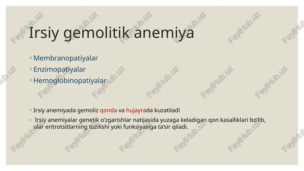 ilari • og’riqli krizlar, anemiya, infektsiyalarga moyillik va organlarning shikastlanishi kabi simptomlar kuzatiladi. talassemiya: alfa va beta turlari • alfa-talassemiya alfa-globin zanjirlarining, beta-talassemiya esa beta-globin zanjirlarining sintezi buzilishi bilan tavsiflanadi. 7. beta-talassemiyaning patofiziologiyasi • beta-globin zanjirlarining yetishmovchiligi alfa-zanjirlarning ortiqcha to’planishiga olib keladi, bu esa eritrotsitlarning shikastlanishi va gemoliziga sabab bo’ladi. 8. alfa-talassemiyaning patofiziologiyasi • alfa-zanjirlarning yetishmovchiligi beta-zanjirlarning to’planishiga olib keladi, bu esa gemoglobin tetramerlari (hbh) hosil bo’lishiga va eritrotsitlarning funksiyasini buzilishiga sabab bo’ladi. 9. talassemiya va gemoliz mexanizmi • globin zanjirlarining nomutanosibligi eritrotsitlarning zaiflashishiga va ularning erta parchalanishiga olib keladi. irsiy sferotsitoz: genetik asoslar • eritrotsit membranasidagi oqsillar (masalan, spektrin, ankirin) mutatsiyalari natijasida eritrotsitlar sferik shaklga ega bo’lib, ularning elastikligi kamayadi. . irsiy sferotsitozning patofiziologiyasi • sferik eritrotsitlar taloq tomonidan osonlikcha aniqlanib, parchalanadi, bu esa gemolitik anemiyaga olib keladi. g6pd (glyukoza-6-fosfat degidrogenaza) yetishmovchiligi • g6pd fermentining yetishmovchiligi eritrotsitlarni oksidlovchi stressga nisbatan zaiflashtiradi, bu esa ularning erta parchalanishiga sabab bo’ladi. 13. …
