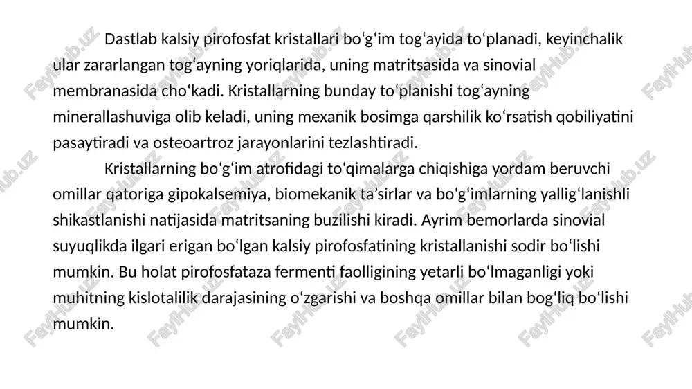 hi osteoartroz uchun xos emas. biroq, ayrim bemorlarda xondrokaltsinoz bo‘g‘imlarning aniq klinik sindromlarini keltirib chiqarishi mumkin. kasallikning bir nechta klinik shakllari farqlanadi. psevdopodagra pirofosfat artropatiyasi bo‘lgan bemorlarning 25 %ida kuzatiladi. bu holat o‘tkir boshlanishi, bo‘g‘im og‘rig‘i, qizarishi, shishi va harakatning cheklanishi bilan tavsiflanadi. xurujlar orasidagi davrda bo‘g‘im simptomlari deyarli butunlay yo‘qoladi, surunkali yallig‘lanish elementlari esa kamdan-kam uchraydi. psevdorevmatoid artrit pirofosfat artropatiyasining 5 % holatlarida kuzatiladi. u qo‘lning mayda bo‘g‘imlarining zararlanishi, ertalabki qotishish, sinovial qavatning ingichkalashishi va progres-siv deformatsiya bilan tavsiflanadi. bu shaklda bo‘g‘imlarning tolali kontrakturalari rivojlanadi, echt (eritrositlarning cho‘kish tezligi) doimiy ravishda oshib boradi. ayrim bemorlarda past titrda revmatoid omil aniqlanishi va ayrim joylarda eroziyalarning yuzaga kelishi ham mumkin. destruktiv shakl – asosan 60 yoshdan oshgan ayollarda uchraydi. poliartrit shaklida kechib, yelka, son, tizza va to‘piq bo‘g‘imlarini zararlaydi. kuchli og‘riq sindromi va bo‘g‘im funksiyasining buzilishi bilan tavsiflanadi. latent shakl – bemorlarning 20 %ida hech qanday simptomlarsiz o‘tadi. bu holda kalsiy …