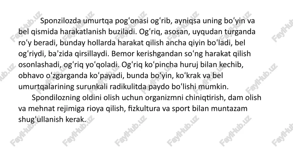 radi, ular amortizator vazifasini bajaradi va moslashuvchanlik va harakatlanish imkonini beradi. har bir umurtqaning orqa qismida joylashgan faset bo’g’inlari umurtqalar orasidagi harakatni osonlashtiradi va barqarorlikni ta’minlaydi. lomber spondiloz odatda quyidagi sabablarga ko’ra rivojlanadi: qarish: lomber spondilozning asosiy sababi tabiiy qarish jarayonidir. yoshi bilan disklar hidratsiya va elastiklikni yo’qotadi, bu esa ularni shikastlanishga ko’proq moyil qiladi. degenerativ disk kasalligi: vaqt o’tishi bilan disklar kichrayib, ko’z yoshlari paydo bo’lishi mumkin, bu esa disk balandligining pasayishiga va potentsial churraga olib keladi. faset qo’shma osteoartrit: faset bo’g’imlari degeneratsiyaga duch kelishi mumkin, bu esa og’riq va qattiqlikka olib kelishi mumkin bo’lgan artritga olib keladi. genetik omillar: oilada o’murtqa muammolarning mavjudligi lomber spondiloz rivojlanish xavfini oshirishi mumkin. takroriy stress: og’ir ko’tarish, burish yoki uzoq vaqt o’tirishni o’z ichiga olgan ishlar yoki harakatlar bel umurtqasining eskirishiga hissa qo’shishi mumkin. lomber spondilozning belgilari har xil bo’lishi mumkin, lekin ko’pincha quyidagilarni o’z ichiga oladi: pastki bel og’rig’i: bu surunkali …