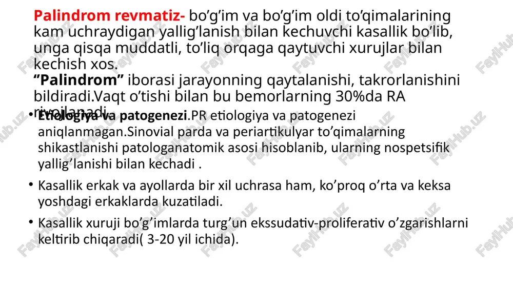 di. podagra: urat kislotasi darajasi palindrom revmatizmda me’yorda bo‘ladi. infeksion artrit: odatda surunkali infeksiya belgilarisiz kechadi. belgilar revmatik poliartrit palindrom revmatizm revmatoid artrit boshlanishi o‘tkir o‘ta o‘tkir surunkali va o‘tkir osti shikastlanish joyi va uning simmetrikligi yirik bo‘g‘imlar va shikastlanishning simmetrikligi mono-kam hollarda oligoartrit, simmetrik emas ko‘pincha qo‘l panjasi mayda bo‘g‘imlarining simmetrik shikastlanishi qayta xuruj vaqtida avvalgi zararlangan bo‘g‘im shikastlanishi xos emas xos emas xos emas qayta va davriy ravishda qaytalanishlar juda kam tez-tez va davriy ravishda bo‘g‘imlarda tez-tez, to‘xtovsiz avj olib boruvchi jarayon o‘tkazilgan streptokokkli infeksiya bilan bog‘liqlik xos xos emas xos emas og‘riqning intensivligi va davomiyligi kuchli, lekin tez o‘tib ketuvchi og‘riqlar kuchli, lekin tez bartaraf etiladigan intensiv, kuchayib boruvchi, doimiy, sekinlik bilan kamayuvchi ertalabki karaxitlik xos emas xos emas o‘ta xos mahalliy yallig‘lanish (shikastlangan bo‘g‘im sohasida) xos, lekin tez o‘tib ketadi yaqqol namoyon bo‘lgan, lekin tez o‘tib ketadi turg‘un, yaqqol namoyon bo‘lgan, avjlanuvchi bo‘g‘imlar deformatsiyasi rivojlanmaydi rivojlanmaydi …