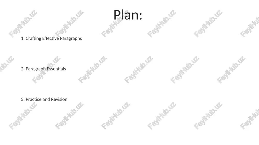nce, clearly stating the main point. this acts as a guide, informing the reader what the 3-5 supporting sentences will elaborate on and explain further. what is a paragraph? effective paragraphs demonstrate coherence through transitions and clear connections between sentences. this is achieved through pronouns, repetition, and conjunctive adverbs for smooth reading. a paragraph is a distinct section, usually comprising around 3 to 5 sentences, focusing on a single idea or point supporting a central argument. it ensures logical flow within the writing. paragraph unity and coherence coherence uses transitions like 'however,' 'therefore,' or 'in addition' and pronoun references to connect sentences. these 2 tools create a logical flow, ensuring smooth readability. achieving unity and coherence requires meticulous outlining and revising. evaluate if each of the paragraph's 4 elements supports the thesis statement and flows smoothly between them. thank you for your attention @taqdimot_robot image5.jpg image6.jpg image7.jpg image8.jpg image9.jpg image10.jpg …