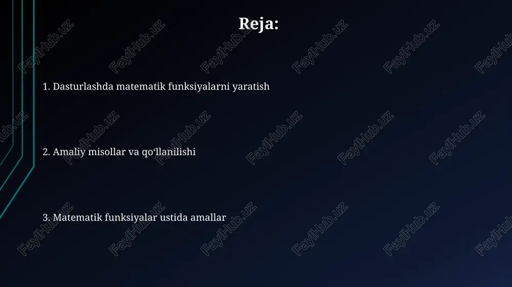 foizlarni 7% stavka bilan hisoblash uchun ishlatiladi. o'yinlarda, 3d grafikani yaratishda trigonometrik funksiyalar (sinus, kosinus) ob'ektlarni aylantirish va ularning koordinatalarini (x, y, z) o'zgartirishda muhim ahamiyatga ega. e'tiboringiz uchun rahmat @taqdimot_robot image2.jpg image3.jpg image4.jpg image5.jpg image6.jpg arch-bw sen > 14 icon-sals