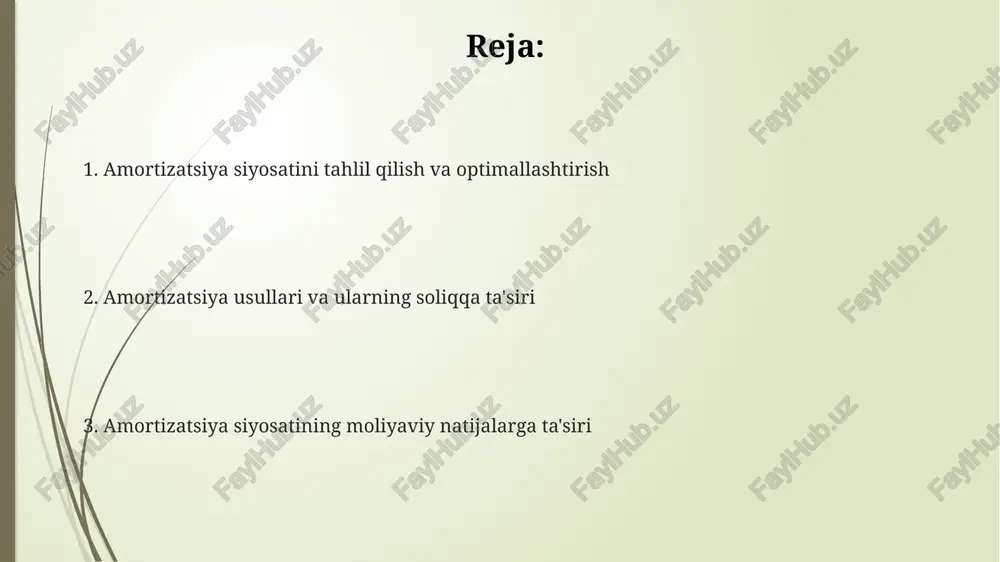 hu bilan soliq yukini yengillashtiradi. misol tadqiqotlari misol tadqiqotlari chiziqli amortizatsiya usuli tezlashtirilgan usullarga nisbatan aktivning foydali xizmat muddati davomida moliyaviy koʻrsatkichlarning barqarorligini taʼminlaydi (25%gacha). misol tadqiqotlarida amortizatsiya siyosatining oʻzgarishi soliqqa tortiladigan foydaga taʼsir qilishi va natijada sof foydada 5% dan 8% gacha oʻzgarishlarga olib kelishi mumkinligi aniqlangan. misol tadqiqotlari aktivning qoldiq qiymatini aniqlashdagi xatoliklar rentabellik koʻrsatkichlariga jiddiy taʼsir koʻrsatishi, jumladan, 10% dan ortiq farqni keltirib chiqarishi mumkinligini koʻrsatadi. balansga ta'sir amortizatsiya xarajatlari balansdagi taqsimlanmagan foydaga ta'sir etadi, chunki ular sof foydani kamaytiradi, bu esa odatda 10% ga ta'sir ko'rsatishi mumkin. to'g'ri amortizatsiya siyosati aktivlarning 5 yildan 10 yilgacha bo'lgan foydali xizmat muddatini to'g'ri aks ettirishi va moliyaviy holatni buzmasligi kerak. amortizatsiya siyosati balansdagi aktivlarning sof qiymatini bevosita kamaytiradi, bu esa 100,000 aqsh dollarilik dastlabki qiymatdan qoldiq qiymatni ayirish orqali hisoblanadi. xulosa tezlashtirilgan depretsiya usullari dastlabki yillarda yuqori xarajatlarni aks ettiradi, bu soliqqa tortiladigan foydani kamaytiradi va pul oqimini oshiradi. …