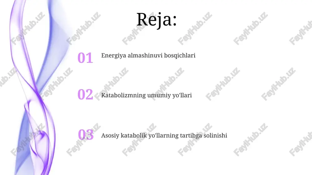 levodlar, balki yog' kislotalari va aminokislotalar katabolizmida ham muhim ahamiyatga ega, energiya ishlab chiqarish uchun umumiy yo'lni ta'minlaydi. bu jarayon mitoxondriya matriksida sodir bo'ladi va piruvat tashuvchi orqali sitozoldan mitoxondriyaga o'tkaziladi. asetil-koa keyinchalik krebs sikliga kiradi. beta-oksidlanish: yog 'kislotalarini parchalash beta-oksidlanish jarayoni koenzim a ni talab qiladi va yog 'kislotasini aktivlashtirish bosqichidan boshlanadi, bunda yog 'kislotasi koa bilan bog'lanib, atsil-koa hosil qiladi. har bir beta-oksidlanish sikli to'rtta reaksiyadan iborat: oksidlanish, hidratatsiya, keyingi oksidlanish va tioliz. bu sikl yog 'kislotasi to'liq parchalanguncha takrorlanadi. kirish: katabolizmga umumiy nuqtai nazar katabolizm jarayoni hujayra uchun muhim, chunki u energiya va qurilish materiallari bilan ta'minlaydi. u uglevodlarni glyukozaga, yog'larni yog' kislotalariga va oqsillarni aminokislotalarga aylantiradi, umumiy 20 ta aminokislota hosil bo'ladi. katabolizm murakkab molekulalarni oddiyroq birliklarga parchalaydi. bu jarayon energiya ajratadi, atp va nadh kabi energiya tashuvchilarni hosil qilib, hujayra funksiyalari uchun zarur 10-15 ta qadamni o'z ichiga oladi. e'tiboringiz uchun rahmat @taqdimot_robot image5.jpg image6.jpg …