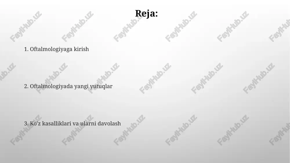 ali infektsiya hisoblanadi. gerpetik keratit, ko'z shox pardasining og'ir yuqumli kasalligi bo'lib, ko'rish qobiliyatiga jiddiy zarar yetkazishi, xususan, hsv-1 virusi tufayli kelib chiqadi. neyro-oftalmologiya neyro-oftalmologlar ko'pincha magnit-rezonans tomografiya (mrt) va ko'rishni tekshirish kabi diagnostika testlaridan foydalanib, ko'rish bilan bog'liq asab kasalliklarini aniqlaydilar. neyro-oftalmologiya ko'rish nervi, ko'rish yo'llari va ko'z harakatini boshqaruvchi miya tuzilmalari bilan bog'liq kasalliklarni o'rganadi, masalan, optik neyropatiya va diplopiya. kelajakdagi tendentsiyalar va tadqiqotlar sun'iy intellekt (ai) glaukomani 90% aniqlik bilan aniqlash uchun diagnostika vositalarini yaxshilaydi, shu bilan erta aralashuv imkonini beradi va ko'rishni saqlaydi. nanoscience va nanomeditsina retinaning degenerativ kasalliklari uchun dorilarni maqsadli yo'naltirishda, ayniqsa, subretinal in'ektsiyalar uchun 5-15 nm zarralar qo'llaniladi. katarakta katarakta koʻrish oʻtkirligini pasaytiradi, ranglarni xira qiladi va yorugʻlikka sezuvchanlikni oshiradi; oftalmologlar bemorning ahvoliga qarab, monokulyar yoki multifokal linzalarni tavsiya qilishadi. kataraktani davolashning yagona usuli - jarrohlik bo'lib, unda xiralashgan gavhar sun'iy gavharga almashtiriladi; operatsiya muvaffaqiyati darajasi taxminan 95% ni tashkil qiladi. ko'z travmalari …