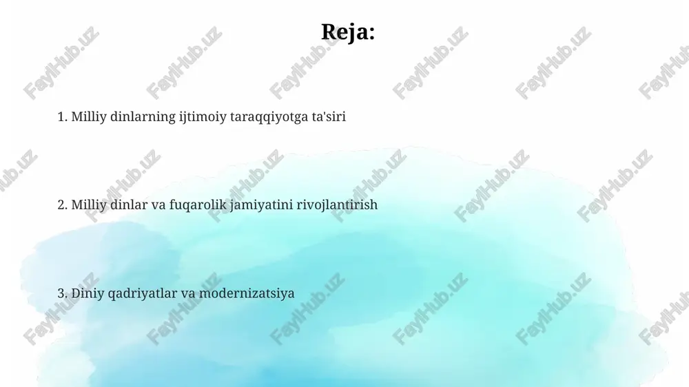 merosni tiklashda. urf-odatlar va marosimlar orqali dinlar xalq og'zaki ijodi, musiqa va raqs kabi nomoddiy madaniy merosni asrab-avaylashga yordam beradi, bu esa milliy o'zlikni mustahkamlaydi. dinlar madaniy merosni boyitishga hissa qo'shadi, yangi san'at asarlari, adabiyot va falsafiy g'oyalar yaratadi, bu esa jamiyatning ma'naviy rivojlanishiga xizmat qiladi. iqtisodiy taraqqiyotda dinning o'rni: tadbirkorlik va xayriya islomiy moliya, zakot va vaqf kabi 2.5% soliq orqali tadbirkorlikni rivojlantiradi hamda ijtimoiy xayriya fondlarini shakllantirib, iqtisodiy tenglikni oshiradi. xayriya, sadaqa va ehson kabi diniy amallar 5% dan 15% gacha kambag'allikni kamaytirishga yordam berib, iqtisodiy o'sishga hissa qo'shadi. ko'plab dinlarda tadbirkorlikka halollik, mehnatsevarlik va adolat bilan yondashish targ'ib qilinadi, bu esa 10% dan ziyodroq samaradorlikni oshirishga yordam beradi. ijtimoiy birdamlik va hamjihatlikni mustahkamlashda dinning ta'siri dinning ta'siri, ayniqsa islomda, zakot kabi xayriya tizimlari orqali ijtimoiy adolat va tenglikni kuchaytirib, jamiyatning zaif qatlamlarini qo'llab-quvvatlaydi. ko'plab dinlar, jumladan buddizmda, mehr-shafqat va hamdardlik qadriyatlarini targ'ib qiladi. bu esa ijtimoiy munosabatlarni …
