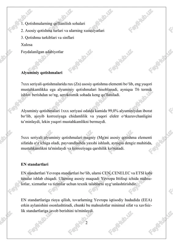 vurlarni ishlab chiqarishda qo'llaniladi. nikel qotishmalari yuqori haroratlarda ham mustahkamligini saqlab qoladi, shuning uchun gaz turbinalarida, masalan, inconel 718 (50-55% ni) kabi qotishmalar reaktiv dvigatellarda ishlatiladi. qotishmalarning qo'llanilishi: tibbiyot titan qotishmalari (ti-6al-4v) tish implantatlarida keng ishlatiladi, chunki ularning yuqori mustahkamlik-vazn nisbati va suyak bilan yaxshi osseointegratsiya xususiyatiga ega. kobalt-xrom qotishmalari tizzalar va son bo'g'imlarini almashtirish uchun ortopedik implantatlarda ishlatiladi, chunki ularning aşınmaya chidamliligi yuqori va uzoq muddatli ish faoliyatini ta'minlaydi. zanglamaydigan po'lat, xususan 316l, suyak plitalari va vintlari kabi implantatlar uchun keng qo'llaniladi, chunki u mukammal biomoslik va korroziyaga chidamliligini ta'minlaydi. po'lat qotishmalari legirlangan po'latlarda xrom (10,5% dan ortiq), nikel va molibden kabi elementlar korroziyaga chidamlilikni oshiradi va yuqori haroratlarda mustahkamligini ta'minlaydi, masalan, zanglamaydigan po'latlar. past legirlangan yuqori mustahkam po'latlar (hsla) kichik miqdordagi mis, vanadiy yoki niobiy qo'shilishi bilan mustahkamlik va payvandlash xususiyatlarini yaxshilaydi, ko'pincha qurilishda ishlatiladi. po'lat qotishmalarida uglerod miqdori 0,008% dan 2,14% gacha bo'lishi mumkin, bu uning qattiqligi …