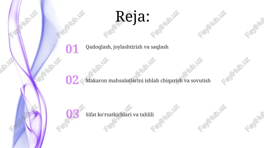 slotalilik, odatda 4 ml 1n naoh/100 g quruq moddadan kam bo'lishi kerak, yuqori ko'rsatkichlar yaroqsiz xomashyo yoki noto'g'ri saqlash natijasida hosil bo'lishi mumkinligini anglatadi. makaron mahsulotlari sifat ko'rsatkichlari kul miqdori 0,9% dan kam bo'lishi zarur, bu unning tozaligini va mahsulotning ozuqaviy qiymatini ko'rsatadi, pastligi sifati yaxshiligini anglatadi. sinish ko'rsatkichi 5% dan oshmasligi kerak, bu mahsulotning transportirovkaga chidamliligini va iste'molga yaroqliligini ta'minlaydi, yuqori sinuvchanlik yaroqsizligini ko'rsatadi. organoleptik ko'rsatkichlar (ta'm, hid, rang) makaron mahsulotlarining ta'mi o'ziga xos bo'lishi, begona ta'mlar aralashmasligi kerak. yuqori sifatli makaronning ta'mi un navining xususiyatlariga mos, biroz shirinroq bo'lishi mumkin. makaron mahsulotlarining hidi xamirturush yoki chirish hidlaridan xoli bo'lishi lozim. birinchi navli mahsulotlar uchun yengil don hidiga ruxsat etiladi, bu esa 0 dan 2 ballgacha baholanadi. saqlash muddatlari va ularga ta'sir etuvchi omillar quruq makaron mahsulotlarining saqlash muddati 12-24 oy bo'lishi mumkin, bu namlik darajasi 13% dan past bo'lganda optimal saqlash sharoitlariga bog'liq. yuqori namlik mog'or rivojlanishiga olib …