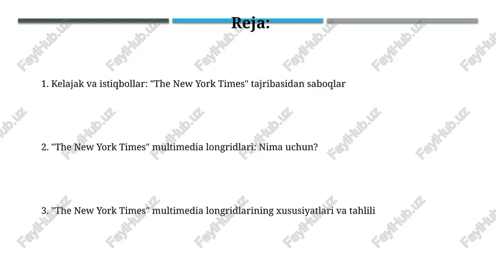 , murakkab ma'lumotlarni soddalashtiradi va voqeani yanada tushunarli va esda qolarli qiladi. multimedia elementlar hikoyaning hissiy ta'sirini kuchaytiradi, foydalanuvchi uchun chuqurroq aloqa yaratishga yordam beradi, xususan, video va audio materiallar orqali. auditoriya jalb qilish va o'lchov "the new york times" multimedia longreadlari diqqatni jalb qilish uchun o'lchovlar va metrikalardan foydalanadi, masalan, o'rtacha o'qish vaqti va 60 foizdan ortiq o'qish tugash ko'rsatkichlari muhim ahamiyatga ega. "the new york times" maqolaning jalb qiluvchanligini o'lchash uchun 1000 dan ortiq izohlar sonini va 250000 dan ortiq sahifa ko'rishlarini inobatga oladi, bu maqolaning muvaffaqiyatini ko'rsatadi. interaktiv xaritalar va ma'lumotlar vizualizatsiyalari ma'lumotlar vizualizatsiyalari murakkab ma'lumotlarni tushunarli grafik formatlarda, masalan, covid-19 holatlari bo'yicha o'zgarishlar chiziqli grafiklar orqali taqdim etadi. nyt interaktiv xaritalarida turli xil qatlamlar va filtrlardan foydalanadi, masalan, aholi zichligi yoki daromad darajasi kabi demografik ma'lumotlarni xaritaga qo'shish mumkin. audio va podkastlar integratsiyasi podkastlar integratsiyasi chuqurroq kontekst beradi, masalan, 20 daqiqalik epizodlar mavzuni har tomonlama yoritishga …