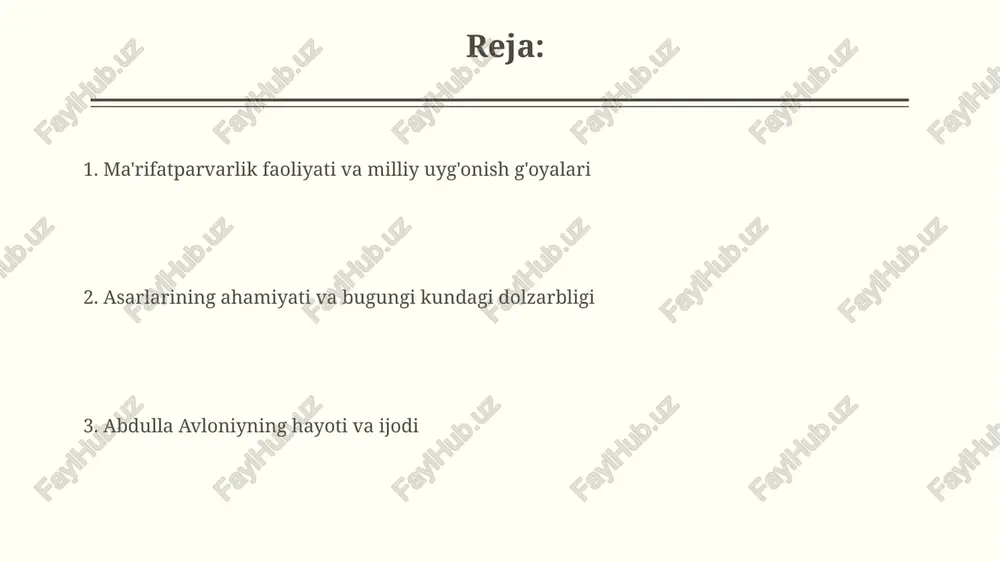 . uning "turkiy guliston yoxud axloq" kitobi, 1909-yilda nashr etilgan, milliy g'ururni oshirish, ilm-fanga intilish va o'z madaniyatini hurmat qilish g'oyalarini targ'ib qilgan. turkiston jadidchilik harakatidagi o'rni avloniy 1917-yilgi turkiston muxtoriyatida faol ishtirok etib, madaniy sohada 50dan ortiq yangi loyihalarni ilgari surdi. uning 'turkiy guliston yoxud axloq' (1909) kabi asarlari jadid adabiyotining 20dan ortiq muhim namunalaridan biri bo'lib, milliy o'zlikni anglatdi. adabiy merosi: she'rlar va hikoyalar avloniyning she’rlari 1917-yildan keyin yozilgan bo’lib, 20 dan ortiq she’rlarida milliy uyg’onish g’oyalari, ma’rifatparvarlik va turmush tarzi aks etgan. avloniyning “turkiy guliston yoxud axloq” asari 30 dan ortiq hikoyalarni o’z ichiga olib, bolalar adabiyotida muhim o’rin tutadi, axloqiy va tarbiyaviy mavzularni yoritadi. avloniy asarlarining dolzarbligi avloniyning pedagogik qarashlari, xususan, ta’limda milliy qadriyatlarga e’tibor berish masalasi, 2024-yilda ta’lim tizimini modernizatsiya qilishda dolzarbligicha qolmoqda. avloniyning «turkiy guliston yoxud axloq» asari 21-asrda ham yosh avlodni tarbiyalashda muhim ahamiyatga ega, unda 100 dan ortiq axloqiy tushunchalar yoritilgan. avloniyning …
