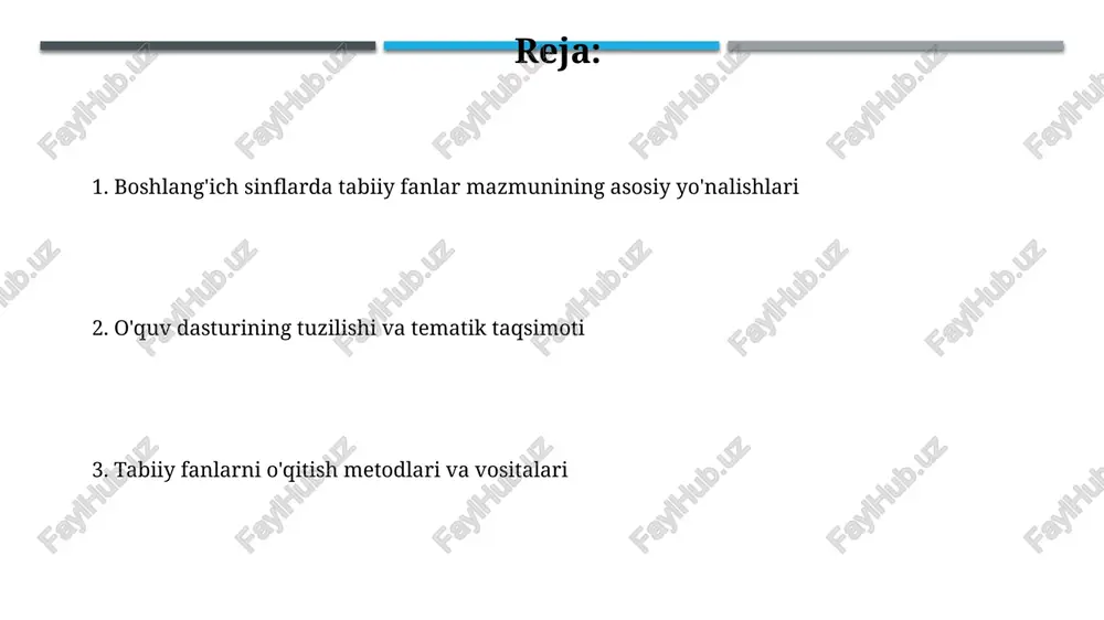 izim va ularning o‘zaro bog‘liqligini tushuntirishni maqsad qiladi. baholash mezonlari va usullari baholash jarayoni formativ va summativ bo'lishi shart: formativ baholash (kundalik kuzatish) o'qitishni yaxshilash uchun, summativ (test yakunida) natijalarni yakunlash uchun. baholash mezonlari o'quv maqsadlariga mos kelishi, aniq va o'lchanadigan bo'lishi kerak, masalan, 75% to'g'ri javoblar 'yaxshi' natijani ko'rsatadi. tabiat hodisalari va ularning sabablari tabiat hodisalari, masalan, yomg'ir, suvning 0 gradusda muzlashi, quyoshning chiqishi va botishi kabi oddiy fizik jarayonlar bilan bog'liq. yerning quyosh atrofida 365.25 kunda aylanishi natijasida fasllar almashinadi; bu vaqt esa kabisa yilini hisoblash uchun muhim. tabiatshunoslikning maqsad va vazifalari tabiatshunoslikning asosiy vazifalaridan biri, o'quvchilarda 7-9 yoshda tabiat hodisalarining o'zaro bog'liqligini tushunish, ekologik madaniyat elementlarini rivojlantirish va tabiiy resurslarga ehtiyotkorona munosabatni tarbiyalashdir. tabiatshunoslik o'qitish orqali 1-4 sinf o'quvchilarida tabiatning 3 asosiy komponenti (jonli, jonsiz va inson faoliyati) haqida dastlabki tushunchalarni shakllantirish va 4 muhim ekotizim haqida ma'lumot berish lozim. inson va uning salomatligi immunitetni oshirish uchun …