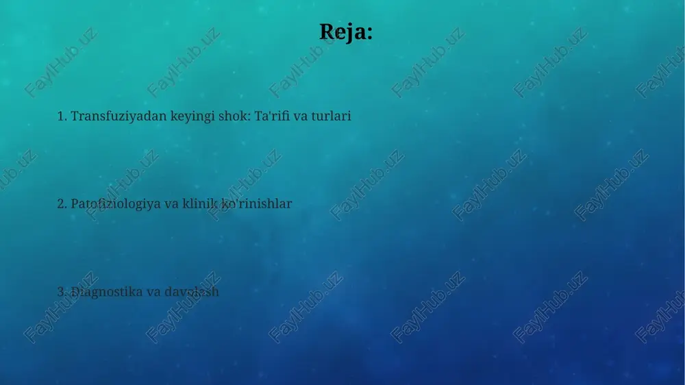 iradi, bu esa to'qimalar perfuziyasini yaxshilaydi. klinik ko'rinishlar o'tkir respirator distress sindromi (ards) belgilari, jumladan, nafas qisilishi, sianoz va p/f nisbati 300 dan past bo'lishi mumkin. gipotenziv shokda sistolik qon bosimi 90 mmhg dan past bo'ladi, yurak urishi esa daqiqada 120 martadan oshishi mumkin, terining rangparligi kuzatiladi. qon quyishdan keyingi shokda anafilaktik reaksiyalar kuzatilishi mumkin, bunda qichishish, ürtiker va laringospazm kabi simptomlar namoyon bo'ladi. patofiziologiya trali (transfuziya bilan bogʻliq oʻpkaning shikastlanishi)da, donor antitelalari bemorning neytrofillari bilan oʻzaro taʼsir oʻtkazib, oʻpka kapillyarlarida toʻplanishga olib keladi va yalligʻlanish mediatorlarining chiqarilishiga sabab boʻladi. transfuziyadan keyingi shokda patofiziologiya 1-toifa oʻta sezuvchanlik reaksiyasi hisoblanadi, bunda ige antitelalari mast hujayralarini faollashtirib, vazodilatatorlar va yalligʻlanish mediatorlarining tez chiqarilishiga olib keladi. gemolitik transfuzion reaksiyalarda komplement tizimi faollashuvi c3a va c5a anafilatoksinlarini hosil qiladi, bu esa granulotsitlarni faollashtiradi va kapillyar oʻtkazuvchanlikni oshiradi hamda gipotenziya va shokni keltirib chiqaradi. epidemiologiya og'ir allergik reaktsiyalar, masalan, anafilaksiya, post-transfuzion shokning 10% dan 20% …