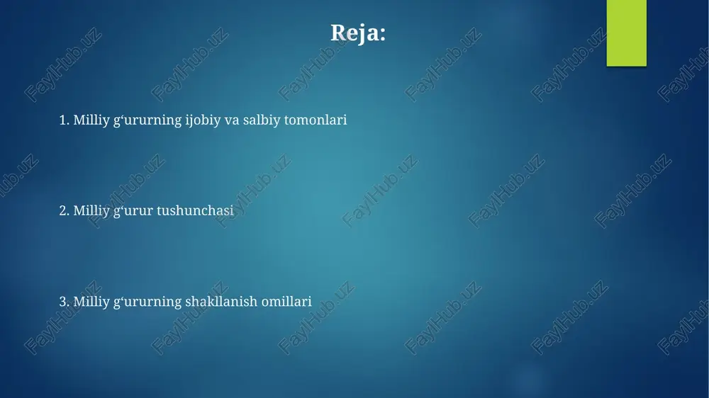 a. milliy g'ururning salbiy tomonlari o'z millatining ustunligiga ishonish 2-jahon urushi kabi xalqaro mojarolarga sabab bo'lishi, milliy manfaatlar deb atalgan narsalar uchun odamlarni qurbon qilish mumkin. milliy g'urur tanqidni rad etishga olib kelishi, milliy muvaffaqiyatsizliklarni yashirishga urinish, 10 foizdan kamroq bo'lgan zaif iqtisodiy ko'rsatkichlarga befarq bo'lishga undaydi. milliy g'ururning ijobiy tomonlari milliy g'urur kuchli bo'lgan davlatlarda 35-40% ko'proq volontyorlik harakatlari kuzatiladi, bu esa ijtimoiy muammolarni hal qilishda va jamiyatda 10% farovonlikni oshirishda yordam beradi. milliy g'urur fuqarolarni o'z madaniyati va tarixini 100% hurmat qilishga undaydi, bu esa milliy birdamlikni mustahkamlab, jamiyatning 25-30% barqaror rivojlanishiga hissa qo'shadi. milliy g'urur va vatanparvarlik milliy g'urur – bu o'z millatining 1000 yillik tarixiy merosi, madaniyati va tiliga bo'lgan chuqur hurmat va qadrlash tuyg'usidir, bu unitilmas boylik. vatanparvarlik, 1991-yilda erishilgan mustaqillikni himoya qilish, davlatning suverenitetini mustahkamlash, 34 milliondan ortiq fuqarolarning tinchligini ta'minlash uchun xizmat qilishdir. milliy g'urur: tarixiy misollar ikkinchi jahon urushida oʻzbek xalqining qahramonligi …