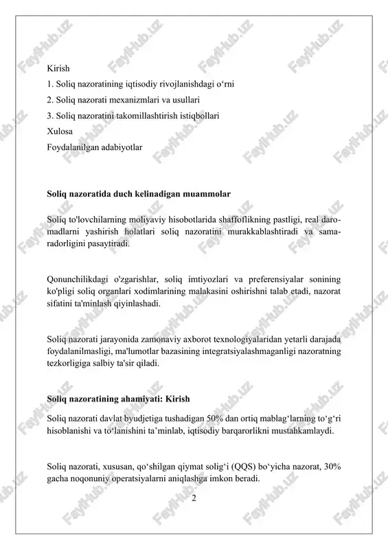 htirishda zamonaviy axborot texnologiyalarini, masalan, risklarni baholashning avtomatlashtirilgan tizimlarini joriy etish muhim, bu 30% gacha soliq tushumini oshirishi mumkin. soliq organlari xodimlarining malakasini oshirish, jumladan, transfer narxlari bo'yicha 100 soatlik maxsus o'quv kurslarini tashkil etish, samaradorlikni 15% ga oshiradi. soliq to'lovchilarning huquqiy savodxonligini oshirish maqsadida seminar-treninglar tashkil etish, bu esa 25% gacha soliq to'lashdan bo'yin tovlash holatlarini kamaytiradi. soliq yig'imlarining davlat budjetini shakllantirishdagi roli soliq yig'imlari davlat investitsiya loyihalarini, misol uchun, transport tizimini yaxshilash yoki yangi sanoat zonalarini yaratishni moliyalashtirish orqali iqtisodiy o'sishni rag'batlantiradi. davlat budjetiga soliqlar orqali tushgan mablag'lar ijtimoiy dasturlarni, jumladan, pensiya, nafaqa va imtiyozlarni moliyalashtirish uchun ishlatiladi, bu ijtimoiy barqarorlikni ta'minlaydi. soliq tushumlari davlat budjetining asosiy qismini tashkil etadi, masalan, 70% dan ortig'i, ta'lim, sog'liqni saqlash va infratuzilmani moliyalashtirishda muhim rol o'ynaydi. soliq nazoratining samaradorligini baholash soliq to'lovchilarning majburiyatlarini bajarish darajasi, deklaratsiyalarning 98% i o'z vaqtida topshirilishi va soliqlar to'lanishi soliq nazorati samaradorligini ko'rsatadi. soliq nazoratining samaradorligi …