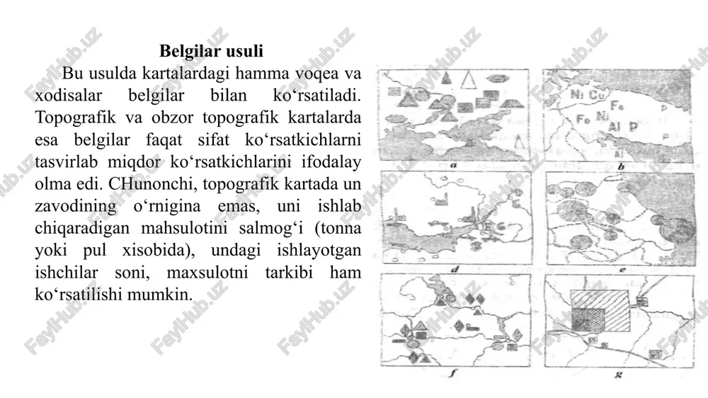 talari shu usulda tuziladi. havo harorati izotermalari, yog‘in-sochin miqdori (izogieta), havo bosimi (izobatalar) va qor qalinligini ham teng chiziqlar bilan tasvirlash o‘rinlidir. karta o‘qishni osonlashtirish maqsadida teng chiziqlar (izoliniyalar) oralig‘i miqdorning oshishiga qarab ranglar bilan to‘ldirib boriladi. ranglar kartaning mazmuniga mos tanlanishi kerak, qor chizig‘i, bosim, yog‘in-sochin miqdorlari “sovuq” (kul rang, och ko‘k, ba’zan och qora) ranglar bilan tasvirlanadi. ko‘pincha izoliniyalarning qiymatlari miqdor ko‘rsatkichlarda raqamlar bilan yozilib ifodalaniladi. iqlim kartalari meteorologik stansiyalar ma’lumotlariga asoslanib tuzilayotgan kartaning aniqligi meteostansiyalarning qanchalik zich joylashganligiga bog‘liqdir. kartogramma usuli kartogramma muayyan chegaradagi (asosan, ma’muriy chegara doirasidagi) voqea va hodisalarni nisbiy miqdorda ko‘rsatish usuliga aytiladi. kartodiagrammaga o‘xshab, kartogramma usuli ham statistik usul bo‘lib, ko‘proq sotsial-iqtisodiy kartalar tuzishda qo‘llaniladi. lekin bu ikki usul bir-biridan farq qilib, kartogrammada nisbiy miqdorda beriladi. jumladan, aholining zichligi, yalpi aholi soniga nisbatan erkaklar va ayollar salmog‘i, ishga yaroqli kishilar soni, ekinlarining hosildorligi kartogramma usulida tasvirlanadi. undagi miqdor ko‘rsatkichlar och yoki to‘q qilib …