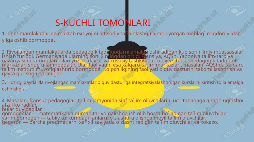 ari xal etiladi. sinfdan-sinfga ko`chish ta`lim oluvchining o`zlashtirganlik darajasiga bog`liq. boshlang`ich ta`lim turli shtatlarda turlicha belgilangan (4, 5, 6, 8 yil). maktablarda turli xil to`garaklar, uchrashuvlar, shoular va sayoxatlar uyushtiriladi, ammo ularning xammasiga xaq to`lash lozim. o`rta maktablar quyi va yuqori bosqichlardan iborat. 3. yaponiyada hozirgi zamon ta’lim tizimlarinig tarkibi quyidagicha: bolalar bog’chalari, boshlang’ich maktab, kichik o’rta maktab, yuqori o’rta maktab, oliy ta’lim tizimlariga kiruvchi o’quv yurtlaridan iborat. 4. yaponiyada oqituvchi kadrlar tayyorlash sifatiga juda katta talablar qo’yiladi. bu talablar shundayki, mazkur kasbga iqtidorsiz va yo’nalishi to’g’ri kelmaydigan tasodifiy kishilarning kirib qolishi amalda mumkin emas. w-kuchsiz tomonlari amerika maktablarida aholi o`rtasidagi munosabatlar tabaqalashgan. misol uchun maktablar davlat maktablari va shaxsiy maktablarga bo`lingan. davlat maktablarida ta`lim jarayoni bepul shaxsiy maktablarda pullik hisoblanadi, yiliga 10 ming dollar to`lab shaxsiy maktablarda o`qish mumkin hisoblanadi. u yerlarda faqat boylarni farzandlari o`qishga qurbi yetadi, o`rtahol oilalar farzandlari ham shaxsiy maktablarda o`qishga qurbi yetishmaydi. bunday tabaqalanish …