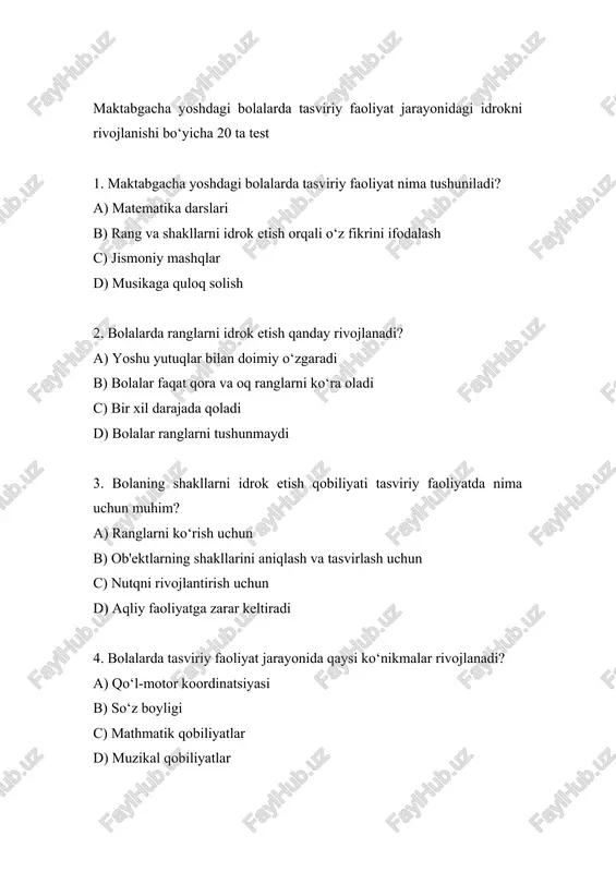 tizimiga tegishli? a) vizual-spatial idrok b) musiqa idroqi c) til idroqi d) matematik idrok 11. maktabgacha yoshdagi bolalarda idrok jarayoni qanday ta'sir qiladi? a) tasviriy faoliyatning sifatiga to‘g‘ridan-to‘g‘ri ta'sir ko‘rsatadi b) hech qanday ta'siri yo‘q c) faqat nutq rivojlanadi d) faqat jismoniy rivojlanadi 12. tasviriy faoliyatdagi idrok qaysi psixik jarayon bilan chambarchas bog‘liq? a) e'tibor va xotira bilan b) naqshu-navo bilan c) yugurish bilan d) hisoblash bilan 13. rasm chizishda shakllarni aniqlash bola uchun nimani anglatadi? a) ob'ektni to‘g‘ri ko‘rish va ifodalash qobiliyati b) faqat rang donarini bilish c) tinchlanish faqat bo‘ladi d) faqat o‘qituvchidan qarash 14. qaysi yosh davrida bolalarda ranglarni idrok qilish rivojlanadi? a) 3-6 yosh b) faqat 1 yoshda c) 7-10 yosh d) 10-15 yosh 15. bola rasm chizishda o‘z hissiyotlarini qanday ifodalaydi? a) rang va shakllar orqali b) hujjat yozish orqali c) sport qilish orqali d) nutq orqali 16. rasm chizishda shakllarni tanish bola uchun qanday …