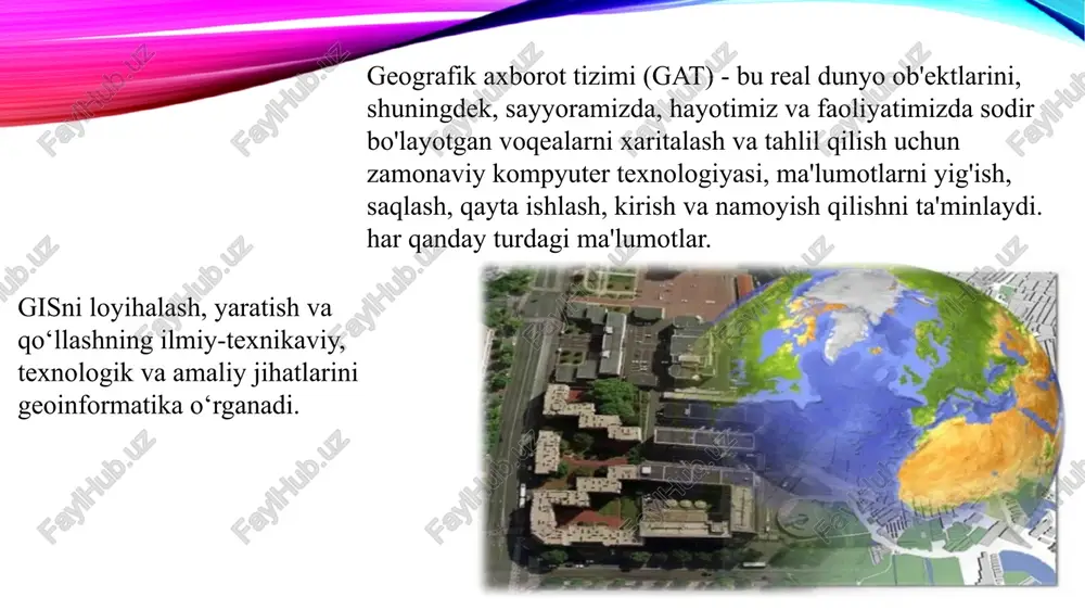 rlashtirish; raqamli balandlik modellarini yaratish va qayta ishlash; sun'iy yo'ldosh joylashishni aniqlash tizimlari bilan o'zaro ta'sir qilish. animatsiya ob-havo ma'lumoti virtual xaritalash geoaxborot texnologiyalarining yanada rivojlanishi xarita, istiqbolli tasvir, blok-sxema va kompyuter animatsiyasi xususiyatlarini o‘zida mujassamlashtirgan tasvirlarni yaratishga olib keldi. bunday tasvirlar virtual deb ataladi. kompyuter grafikasida virtual haqiqatni vizuallashtirish, birinchi navbatda, uch o'lchovli effektlar va animatsiyadan foydalanishni o'z ichiga oladi. aynan ular haqiqiy makonda bo'lish illyuziyasini va u bilan interaktiv o'zaro ta'sir qilish imkoniyatini yaratadilar. elektron atlaslar elektron atlaslar qog'oz atlaslarga yaxshi muqobildir. ular kompilyatsiya vaqtini sezilarli darajada qisqartirish, kompakt disklarni media sifatida ishlatish, animatsiya va multimedia vositalarini qo'llash imkonini beradi. bunday atlaslar yuqori sifatli xaritalarni o'z ichiga oladi, do'stona interfeysga ega va odatda yaxshi mos yozuvlar va qidiruv tizimlari bilan jihozlangan. dunyoning keng qamrovli elektron atlasi "bizning yerimiz" image2.png image3.jpeg image4.jpeg image5.png image6.png image7.png image8.png image9.png image10.png image11.jpeg image12.jpeg image13.gif image14.png image15.jpeg image1.png kuin€htbl yuactkh bbicotei 3€mmetom30bahhe peamibhen …
