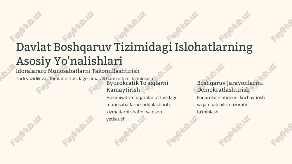 umumiy mulohaza yuritish. xizmat ko'rsatish sifatini oshirish xizmat raqam lashtirish kadrlar salohiyatini oshirish davlat xizmatchilariningkasb mahoratini takomillashtirish orqali xizmat ko'rsatish standartlarini belgi lash xizmatko'rsatish jarayonlarini avtomatlashtirib, tezkorlikni, aniqlikni va qulay foydalanishni ta'minlash. davlatxizmatlariningsifatmezonlarivanamunalarini joriy etish. xizmat sifatini yaxshilash. xalqaro hamkorlikni kengaytirish xalqaro tashkilotlar bilan hamkorlik turli xalqaro tashkilotlar va platformalar doirasida bilim va tajriba almashish. qo'shnidavlatlar bilan hamkorlik markaziy osiyo mamlakatlari bilan o'zaro manfaatli aloqalar o'rnatish. investitsiya va savdo aloqalarini rivojlantirish chet el investitsiyalarini jalb qilish va eksportni rag'batlantirish. zamonaviy axborot- kommunikatsiya texnologiyalaridan foydalanish 1 2 3 elektron hukumat tizimlarini joriy etish davlat boshqaruv jarayonlarini internetlashtirish va raqamlashtirish. axborot xavfsizligini mustah kaml as h yagona ma'lumotlar bazalarini yaratish davlat idoralari o'rtasida ma'lumot almashish va integratsiyani ta'minlash. raqamlitizimlarvama'lumotlarni himoya qilish tizimlarini rivojlantirish. image1.png image2.jpeg image3.png image4.svg image5.jpeg image6.png image7.svg image8.jpeg image9.png image10.svg image11.svg image12.png image13.svg image14.jpeg image15.png image16.png image17.png image18.jpeg image19.png image20.png image21.jpeg image22.png image23.svg image24.jpeg image25.png image26.svg image27.svg image28.svg g@ …