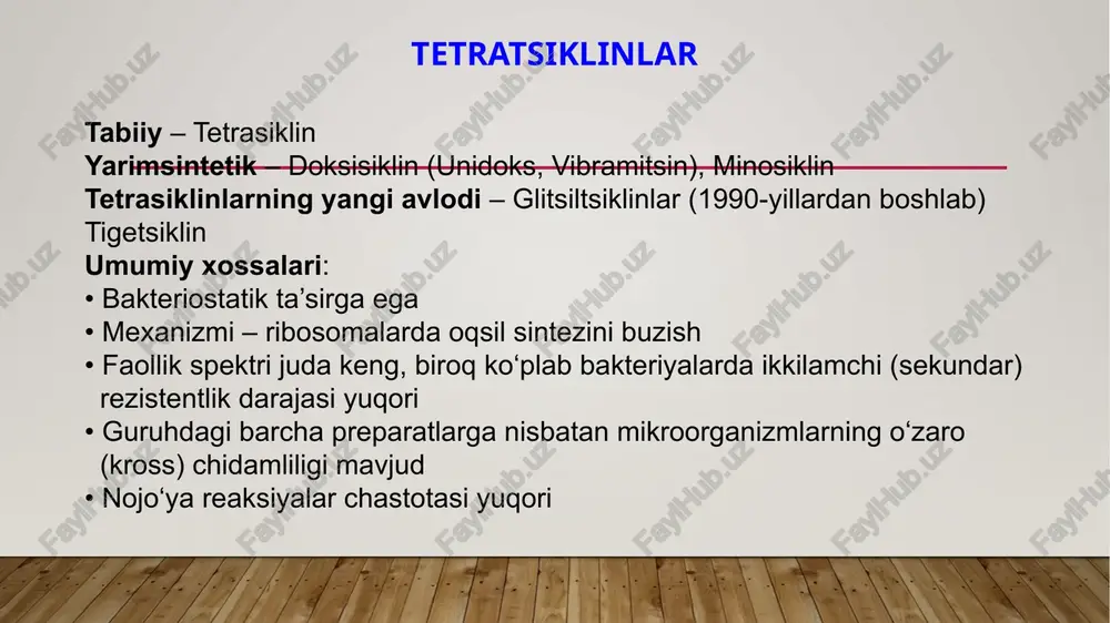 ri infeksiyalari – xoletsistit, xolangit • og‘iz va tish atrofidagi infeksiyalar – periodontit, periostit, gingivit va boshqalar • ichak infeksiyalari – xolera, yersinioz • og‘ir darajadagi husnbuzar toshmalari, shu jumladan, pushti husnbuzarlar (mahalliy davolash samarasiz bo‘lsa) • sifilis (penitsillinga allergiya bo‘lsa) • jinsiy yo‘l bilan yuqadigan infeksiyalar (xlamidioz, mikoplazmoz, ureaplazmoz, gardnerellyoz) • chanoq sohasidagi infeksiyalar (β-laktamlar va anaeroblarga qarshi preparatlar bilan birga) • rikketsiozlar (tif, q isitmasi, skalist tog‘lar isitmasi, tsutsugamushi isitmasi) • borreliozlar (qayt qiluvchi tif, kenja chaqishi borreliozi) • ayniqsa xavfli infeksiyalar: vabo (streptomitsin bilan birga), xolera • zoonoz infeksiyalar: leptospiroz, brutsellez, tulyaremiya (streptomitsin bilan birga), qoramox • hayvon tishlashi yoki tirnashidan keyingi yara infeksiyasi • ko‘z infeksiyalari – traxoma, o‘tkir kon’yunktivit • aktinomikoz • amebiaz • tropik bezgak (malarianing) profilaktikasi nojo‘ya ta'sirlar • umumiy katabolik ta’sir, oqsil almashinuvining susayishi, giperozotemiya • dispeptik holatlar, ezofagit • me’da-ichak yo‘llari (jkt) va qinning normal mikroflorasini bostirishi; superinfeksiyalar, jumladan jkt va …