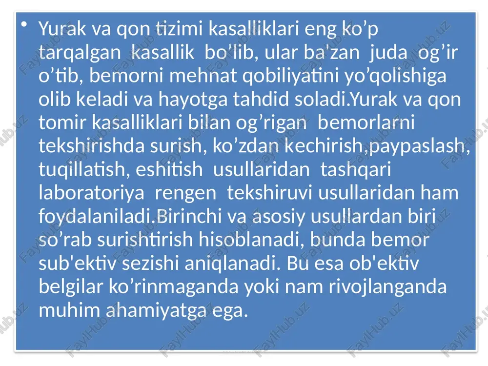jasida miokardning qon bilan ta'minlanishi buzilishi yoki biror toj arteriyasini qon oqishining butunlay to’xtab qolishi natijasida yuzaga keladigan kasallikdir. toj arteriyasining asab zo’riqishi tufayli torayib qon okishini sekinlashishi ham yurakning shiemik kasalligiga olib keladi deyiladi. www.arxiv.uz www.arxiv.uz qon aylanishining buzulishi tufayli yurak muskullarining ma’lum bir qismining yemirilishi natijasida miokard infarkti yuzaga keladi. www.arxiv.uz bu kasallikni rivojlanishiga tashqi va ichki muhitning turli tuman omillari ya'ni, haf hatar omillari, jaholat, ruhan ezilish, asabning qo’zg’alishi, qonda holestirin moddasining zichligi, kechish, suyuqlik ichimliklarini ko’p iste'mol qilish, kam harakatlik, semizlik, qandli deabetlar sabab bo’lishi mumkin. katta jismoniy harakatlar tufayli yurak mushaklarining ishi bilan uning kislorodga bo’lgan ehtiyoji o`rtasida nomunofiklik bo’lishi ham yurakning shiemik kasalligiga olib keladi. bu kasallikni rivojlanishiga tashqi va ichki muhitning turli tuman omillari ya'ni, haf hatar omillari, jaholat, ruhan ezilish, asabning qo’zg’alishi, qonda holestirin moddasining zichligi, kechish, suyuqlik ichimliklarini ko’p iste'mol qilish, kam harakatlik, semizlik, qandli deabetlar sabab bo’lishi mumkin. katta jismoniy …