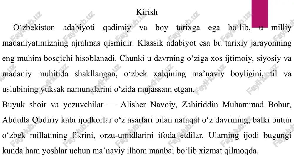 bebaho o‘rin egallaydi. ularning merosining zamonaviy ahamiyati buyuk shoir va yozuvchilarimizning merosi bugungi kunda ham o‘z ahamiyatini yo‘qotmayapti. ularning asarlari o‘zbek madaniyati va tilining rivojlanishida poydevor bo‘lib xizmat qilmoqda. klassik adabiyot namoyandalari yaratayotgan boy ma’naviy meros orqali yosh avlod o‘z milliy ildizlarini chuqurroq anglaydi, o‘zligini topadi. ularning asarlari hayotiy haqiqatlarni, insoniy fazilatlarni, milliy qadriyatlarni yoritadi va hozirgi zamon talablari bilan uyg‘unlashib, zamonaviy o‘quvchilar uchun ham qiziqarli bo‘lib qolmoqda. shuningdek, bu meros ta’lim tizimida keng qo‘llanilib, o‘zbek tilining saqlanishi va rivojlanishiga katta hissa qo‘shadi. xulosa o‘zbek klassik adabiyoti milliy madaniyatimizning bebaho boyligidir. buyuk shoir va yozuvchilar — alisher navoiy, bobur, abdulla qodiriy kabi namoyandalar ijodi orqali biz o‘z tariximizni, tilimizni va ma’naviy qadriyatlarimizni chuqur anglaymiz. ularning asarlari bugungi kunda ham yosh avlod uchun ibrat maktabi bo‘lib, milliy o‘zlikni mustahkamlashda muhim ahamiyatga ega. klassik adabiyot merosi nafaqat o‘tgan asrlar tarixini saqlab qolgan, balki zamonaviy madaniyat va ta’limda ham o‘z o‘rnini topmoqda. shuning …