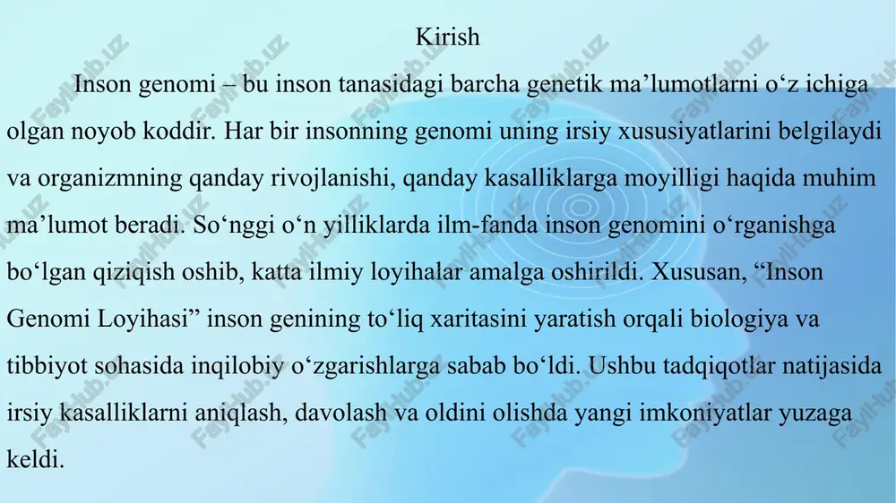 ‘lib, inson genomi loyihasi tibbiyotda yangi davrni boshlab berdi. genom tadqiqotlarining tibbiyot va inson hayotiga ta’siri genom tadqiqotlari tibbiyotda inqilobiy o‘zgarishlarga olib keldi. genom ma’lumotlari yordamida shaxsiylashtirilgan tibbiyot (personalizatsiyalashgan davolash) rivojlandi, ya’ni har bir bemorning genetik xususiyatlari hisobga olinib, aniq va samarali davolash usullari ishlab chiqilmoqda. bu usul orqali kasalliklarning oldini olish va erta tashxislash imkoniyatlari kengaydi. shuningdek, genom tadqiqotlari irsiy kasalliklarni aniqlash, ularning sabablari va rivojlanish mexanizmlarini o‘rganishga yordam beradi. bu esa davolash va profilaktik choralarning samaradorligini oshiradi. genomika sohasidagi yutuqlar yangi dori vositalari va gen terapiyasi yaratishda ham muhim ahamiyatga ega. xulosa genom tadqiqotlari zamonaviy tibbiyot sohasida katta o‘zgarishlar va yutuqlarni amalga oshirishga imkon berdi. shaxsiylashtirilgan tibbiyot orqali har bir insonning genetik xususiyatlariga mos ravishda davolash usullari ishlab chiqilmoqda, bu esa kasalliklarni aniqlash va davolashda yuqori samaradorlikni ta’minlaydi. genom ma’lumotlari yordamida irsiy kasalliklarning sabablarini aniqlash, ularning oldini olish va erta tashxislash imkoniyati oshdi, bu esa insonlarning sog‘lig‘ini yaxshilashga …