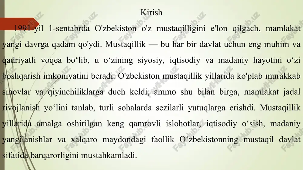 likka alohida e’tibor berildi. oliygohlar va xorijiy ta’lim muassasalari bilan aloqalar kengaytirildi, bu esa yoshlarning bilim olish imkoniyatlarini sezilarli darajada oshirdi. tashqi siyosat va xalqaro hamkorlik o‘zbekiston mustaqillikdan so‘ng o‘zining mustaqil tashqi siyosatini shakllantirdi. mamlakat qo‘shni davlatlar bilan do‘stona va barqaror munosabatlarni rivojlantirishga katta e’tibor berdi. shu bilan birga, o‘zbekiston ko‘plab xalqaro tashkilotlarga a’zo bo‘lib, xalqaro maydonda o‘z o‘rnini mustahkamladi. xalqaro davlatlar bilan siyosiy, iqtisodiy va madaniy sohalarda hamkorlik kuchaydi. bu esa mamlakatning global hamjamiyatda obro‘-e’tiborini oshirishga xizmat qildi. xulosa o‘zbekiston mustaqillik yillarida iqtisodiy, madaniy va tashqi siyosat sohalarida sezilarli yutuqlarga erishdi. bozor iqtisodiyotiga o‘tish va islohotlar iqtisodiy barqarorlikka olib keldi, madaniyat va ta’lim sohalari esa milliy qadriyatlarni rivojlantirishda muhim rol o‘ynadi. tashqi siyosatda mustaqil pozitsiyani egallash va xalqaro hamkorlikni kengaytirish mamlakatning global maydondagi o‘rnini mustahkamladi. shu tariqa, o‘zbekiston mustaqillik davrida barqaror taraqqiyot va xalqaro aloqalarni rivojlantirishga muvaffaq bo‘ldi. foydalanilgan adabiyotlar o‘zbekiston respublikasi mustaqillik deklaratsiyasi, 1991 yil. abdullayeva s. “o‘zbekiston …