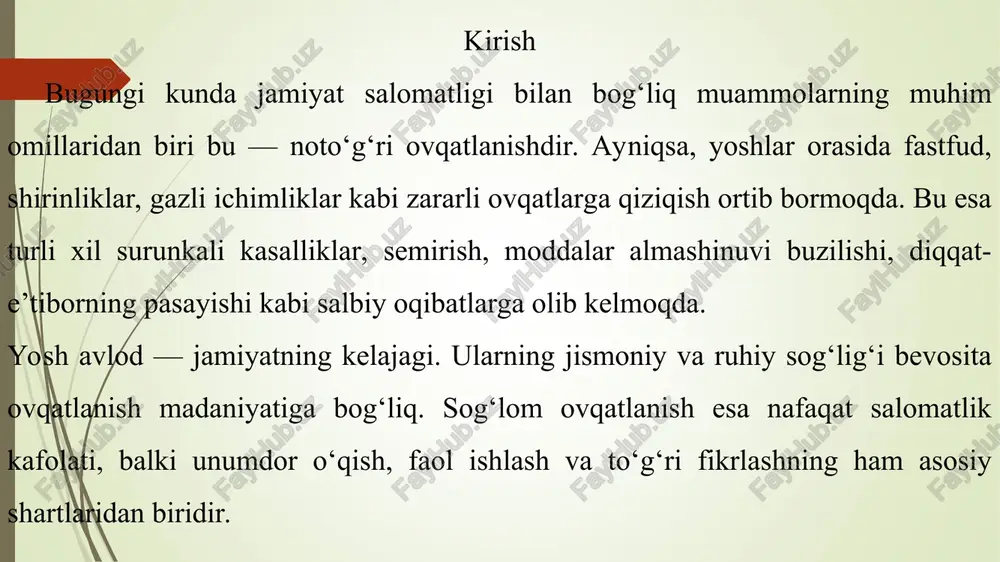 ‘lom ovqatlanish bo‘yicha musobaqalar va aksiyalar o‘tkazish samarali bo‘ladi. shuningdek, jamoat joylarida foydali mahsulotlar ko‘paytirilishi va ularni tanlash imkoniyatlari kengaytirilishi kerak. xulosa yoshlarning sog‘lom ovqatlanish madaniyati jamiyat salomatligining asosiy poydevorlaridan biridir. sog‘lom ovqatlanish nafaqat jismoniy holatni yaxshilaydi, balki ruhiy faoliyat va umumiy farovonlikka ham ijobiy ta’sir ko‘rsatadi. bugungi kunda yoshlar orasida noto‘g‘ri ovqatlanish tufayli ko‘plab sog‘liq muammolari paydo bo‘lmoqda, bu esa ularning o‘qishdagi muvaffaqiyati va kelajakdagi ish faoliyatiga salbiy ta’sir ko‘rsatadi. shu boisdan, sog‘lom ovqatlanish madaniyatini yoshlar orasida keng targ‘ib qilish, ularni to‘g‘ri ovqatlanish qoidalari bilan tanishtirish juda zarur. foydalanilgan adabiyotlar o‘zbekiston respublikasi sog‘liqni saqlash vazirligi. sog‘lom ovqatlanish bo‘yicha qo‘llanma. toshkent, 2020. axmedova m., tursunov s. yoshlar salomatligi va sog‘lom turmush tarzi. toshkent, 2019. qodirova n. sog‘lom ovqatlanish madaniyati asoslari. toshkent, 2021. “sog‘lom hayot tarzi” milliy dasturi. o‘zbekiston respublikasi sog‘liqni saqlash vazirligi, 2022. karimova l. oziq-ovqat xavfsizligi va yoshlar. toshkent, 2018. maktab va universitetlarda sog‘lom ovqatianish haqida darslar kerak. o‘quvchilar …