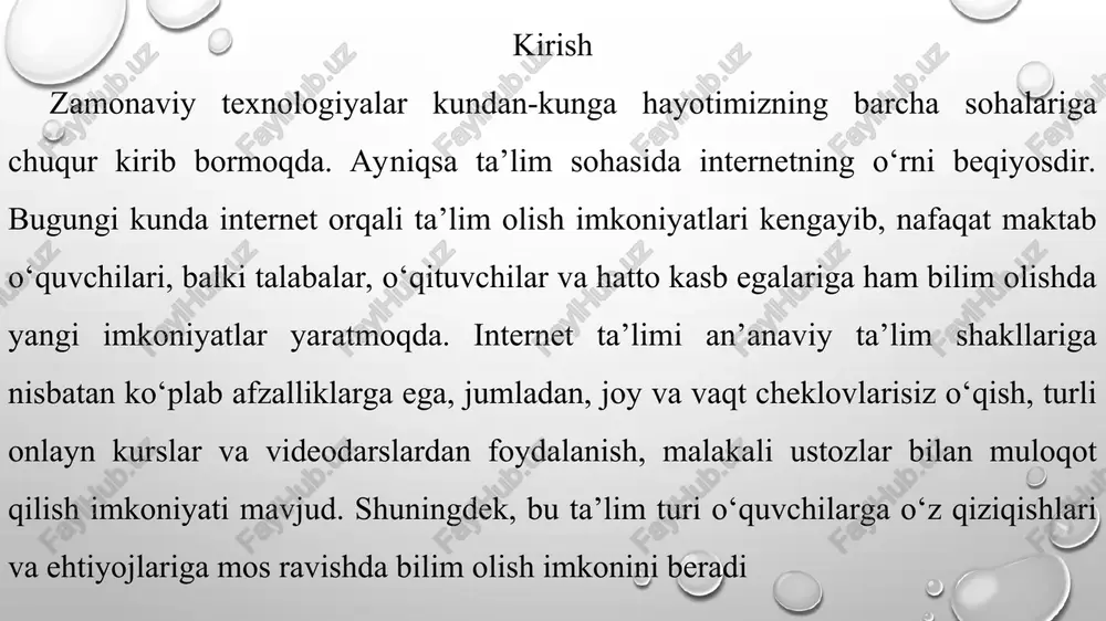 asofaviy ta’lim platformalari yordamida o‘quvchilar va o‘qituvchilar o‘zaro bog‘lanib, dars jarayonini tashkil etadi. zoom, microsoft teams, google meet kabi videokonferensiya vositalari esa jonli muloqot va interaktiv darslar o‘tishda keng qo‘llaniladi. bundan tashqari, ta’lim olishda elektron kitoblar, audio darsliklar, o‘quv portallari va mobil ilovalar ham muhim vositalar hisoblanadi. internet ta’limining kamchiliklari va yechimlar internet orqali ta’lim olishning ko‘plab afzalliklari mavjud bo‘lsa-da, ba’zi kamchiliklari ham bor. masalan, internetga doimiy va sifatli ulanish imkoniyati barcha hududlarda mavjud emas, bu esa ta’lim olish jarayonini qiyinlashtiradi. shuningdek, onlayn ta’limda o‘quvchilar uchun motivatsiya yetishmasligi va mustaqil ishlashda qiyinchiliklar paydo bo‘lishi mumkin. shaxsiy muloqotning cheklanganligi esa ba’zi mavzularni chuqurroq tushunishga to‘sqinlik qiladi. bunday muammolarni hal qilish uchun internet tarmoqlarini yaxshilash va kengaytirish, ta’lim jarayonini yanada interaktiv qilish muhimdir. xulosa internet orqali ta’lim olish bugungi kunda zamonaviy ta’limning muhim qismiga aylangan. bu usul o‘quvchilarga joy va vaqt cheklovlarisiz bilim olish imkonini beradi, turli kurslar va vositalar yordamida ta’lim …