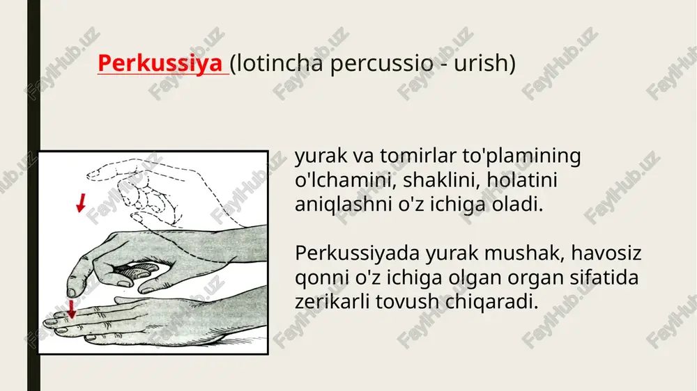 xiralikning o'ng chegarasini aniqlash pleksimetr barmog'ini asta-sekin qovurg'alararo bo'shliq bo'ylab, yurakka qarab, zerikarli perkussiya tovushi paydo bo'lguncha harakatlantiring. barmoqning aniq perkussiya tovushiga qaragan tashqi qirrasi bo'ylab nisbiy yurak xiraligining o'ng chegarasi belgilanadi. odatda, u sternumning o'ng chetidan 1 sm tashqarida joylashgan. o'ng chegarasi o'pkaning topilgan pastki chegarasidan bir qovurg'aga perkussiya qilinadi (odatda 4-chi qovurg'alararo bo'shliqda), vertikal ravishda joylashgan pleximetr barmog'ini qat'iy ravishda qovurg'alararo bo'shliq bo'ylab harakatlantiradi. o'ng atrium (ra) tomonidan hosil qilingan odatda yurakning nisbiy xiralashuvining o'ng chegarasi sternumning o'ng chetida yoki undan 1 sm tashqarida joylashgan. nisbatan yurak xiraligining chap chegarasini aniqlash birinchidan, ular uni palpatsiya orqali topadilar tepada urish, keyin barmoq - pleximetr uning tashqarisiga joylashtiriladi kerakli chegaraga parallel va interkostal bo'shliq bo'ylab perkussiya sternum tomon. ostning chap chegarasi apikal impulsning dastlabki palpatsiyasidan so'ng aniqlanadi, odatda 5-chi qovurg'alararo bo'shliqda, oldingi aksiller chiziqdan yurakka qarab harakatlanadi. chap qorincha (lv) tomonidan hosil bo'ladi. chap chegara chap o'rta klavikulyar chiziqdan 1-1,5 …